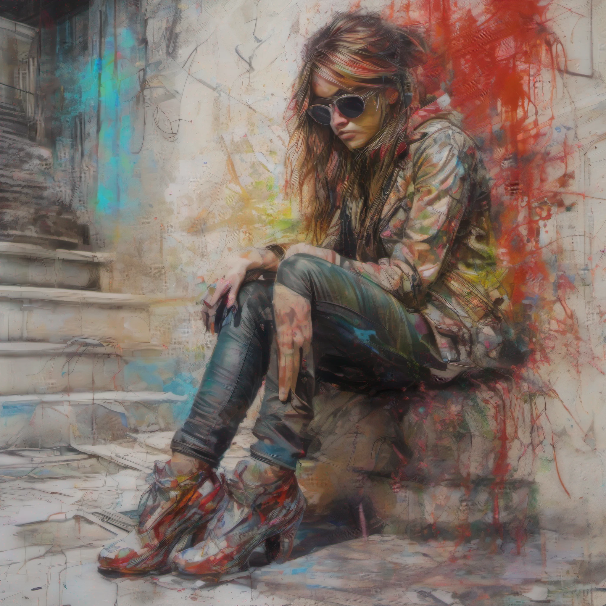 Full-color painting of a crouching cyberpunk woman wearing cyberpunk sunglasses, High-heeled shoes, (Perfekte Sanduhrfigur),(perfekte freche Titten), (((Grafitti-Kunst) (von Carne Griffiths))), auf einem fotografischen Hintergrund aus rotem Backstein, Wahnsinnige Details, Komplizierte Details, Hyperdetailliert, Geringer Kontrast, Weiches filmisches Licht, dim colors, Belichtungsmischung, HDR, verblichen
