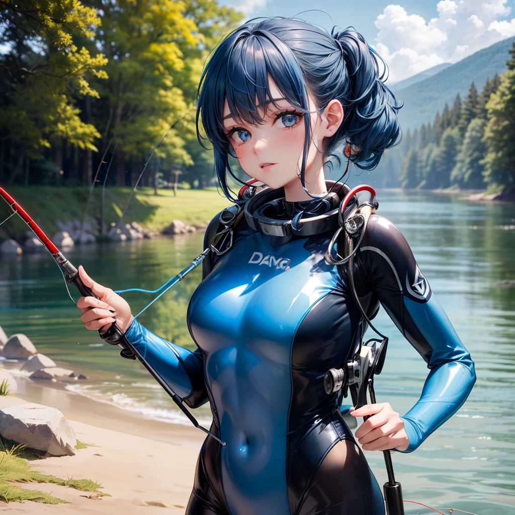 one girls, Beautiful figure, (((Girl in a diving suit))), looks at us, ((In the hands of a fishing rod for fishing)), It stands on the bank next to the river and the forest, (((Hair blue))), blue eyes, Beautiful detail of everything, What's in the photo;, ray traced, BEAUTIFUL POSE, tmasterpiece, Highest Resolution, UNIQUE CORTINA