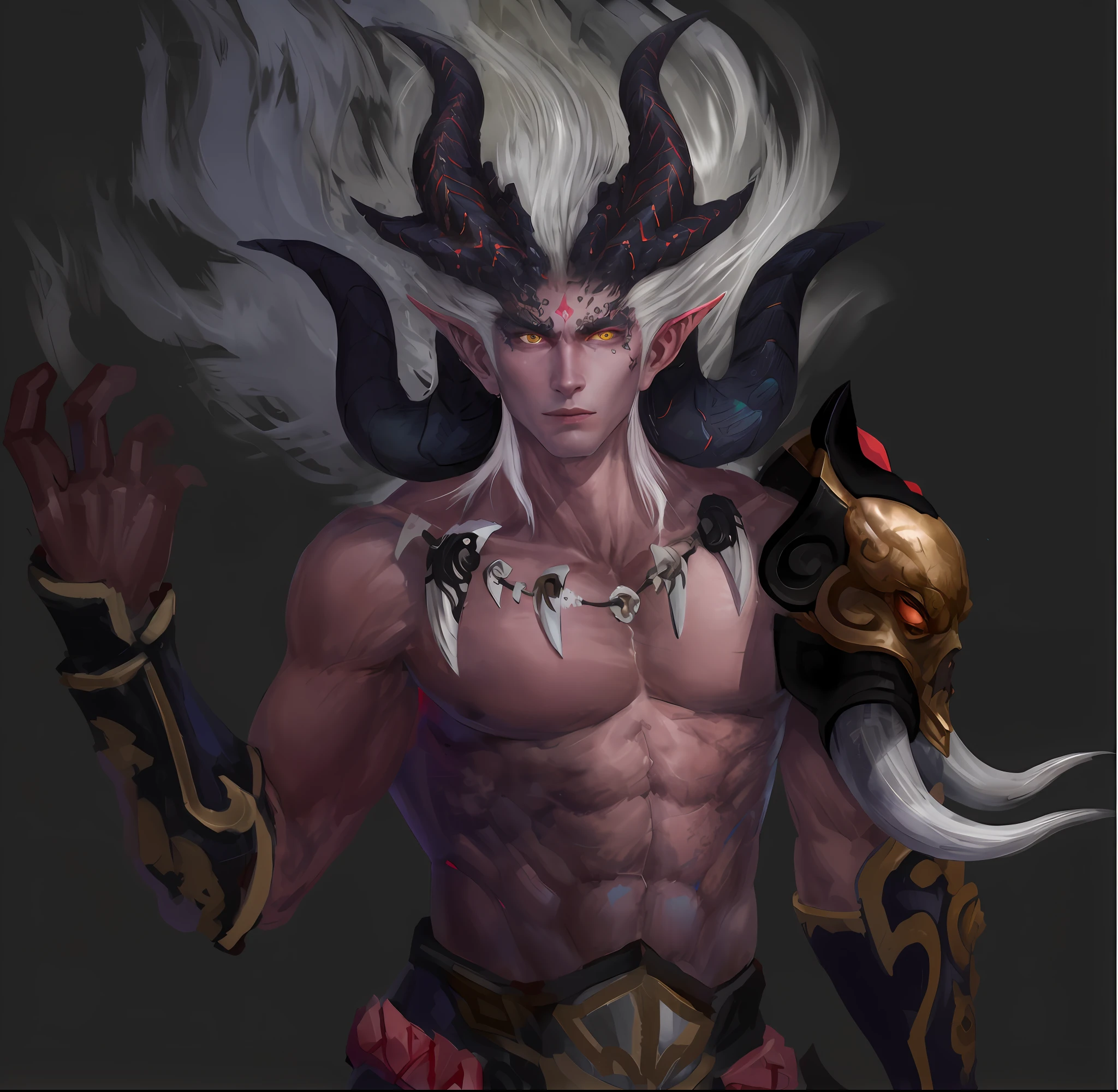 A close-up of a male character with horned head and horns, Suitable for white-haired banshees,Corner of magma material，Heavy beast head and shoulder blades，Tattooed with，Magma-eyed animal head and shoulder blades，Bracers， human male demon, djinn man male demon, demon male, male djinn man demon hybrid, demon soul concept art, portrait demon half human, man male demon, demon noble character design, Demon Lord, the former demon king，China-style，White-haired god, painted in the style arcane, Male characters，Delicate belt，China-style，Chinese-style clothing，Refinement，Fine painting，Refinement，infinite details，high definition detail，Patterned，Animal tattoos，Blank background，Bright colors，Metal edging
