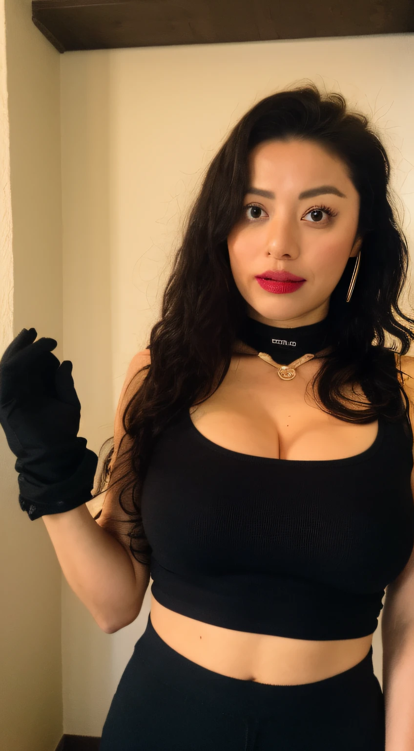1girl, tifa_lockhart, underboob, breasts, earrings, jewelry, elbow_gloves, solo, gloves, tank_top, black_hair, long_hair, suspenders, realistic, suspender_skirt, large_breasts, black_gloves, crop_top