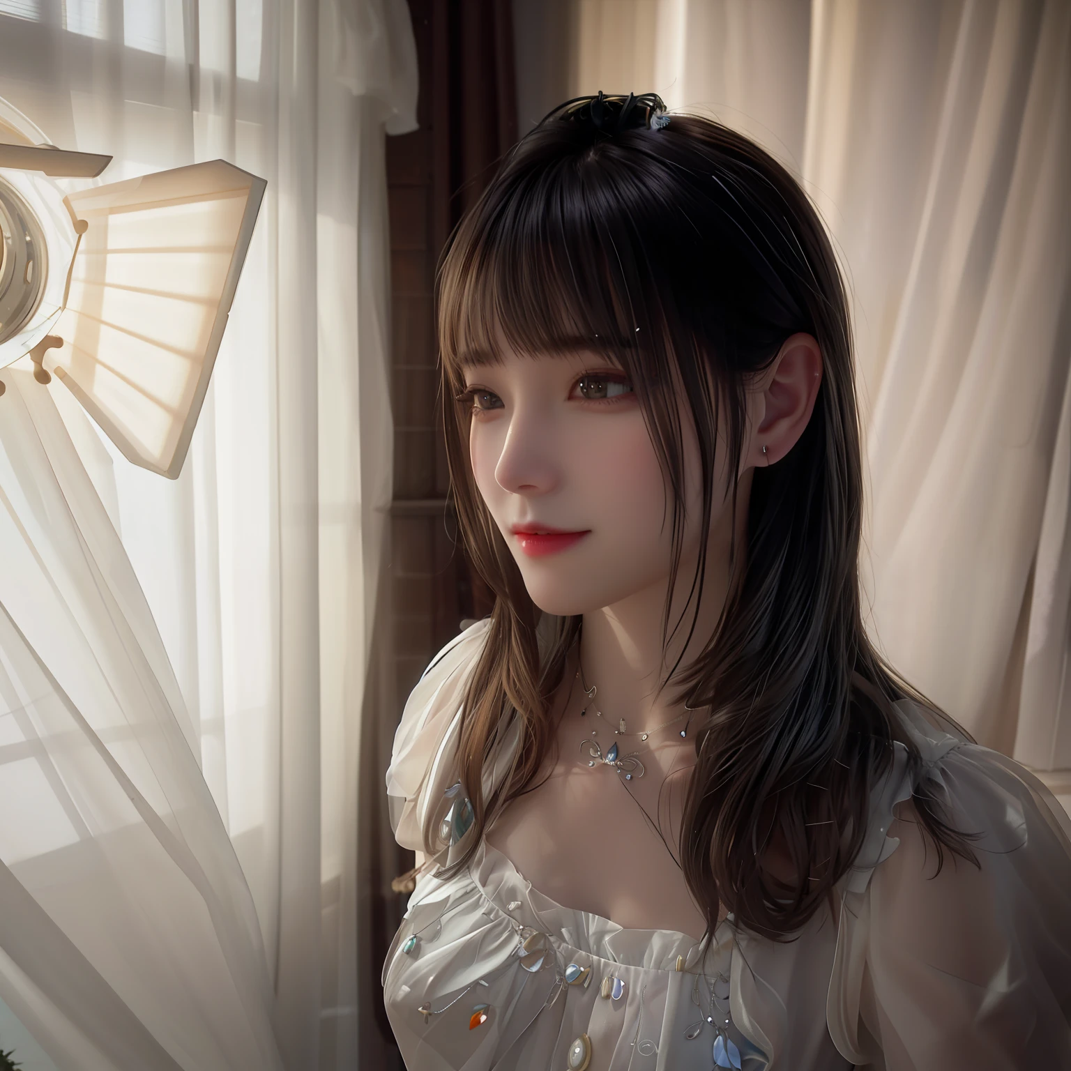 Best quality, masterpiece, high resolution, 1girl, porcelain dress, hair accessories, necklace, jewelry, beautiful face, on the body, Tyndall effect, realistic, dark studio, edge lighting, two-tone lighting, (high detail skin: 1.2), 8k UHD, dslr, soft light, high quality, volumetric light, candid, photo, high resolution, 4k, 8k, background blur,