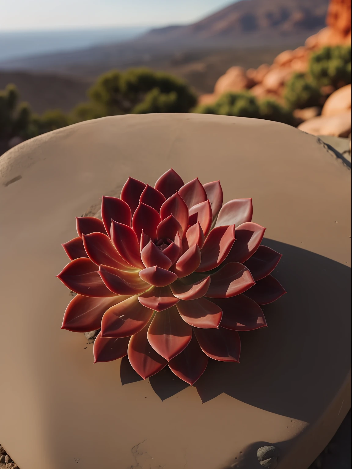 a red succulent on the stone, hdr, ((complex detail, super detail)), cinematic footage, rich details, bokeh, sunsight behind,