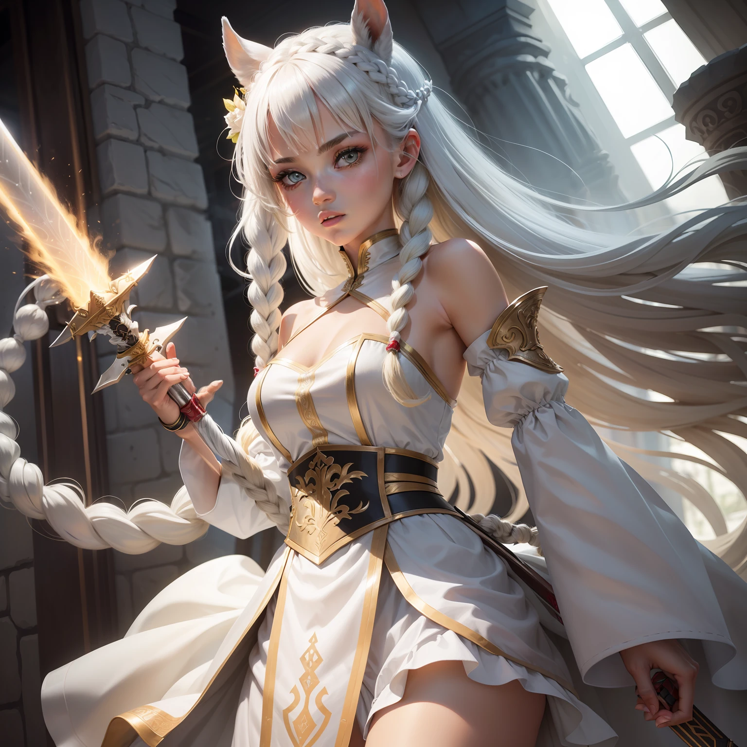 dual horsetail,Twist braids,White color hair,femele,Blonde ornaments on the head,Silver skirt,Laser sword in hand