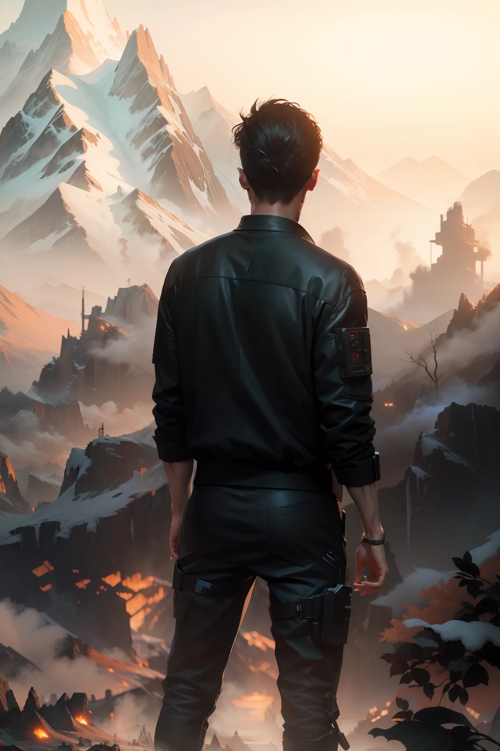 Change background cyberpunk handsome realistic face mountain