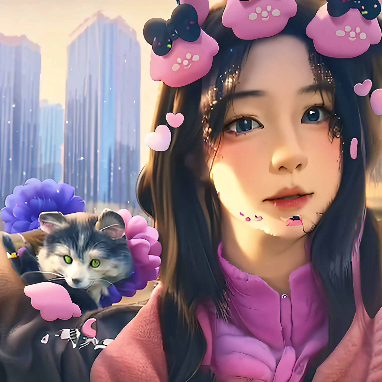 There is a woman with a dog and a cat in the background, Kawaii realistic portrait, instagram filters, Ruan cute vtuber, ulzzangs, wan adorable korean face, aesthetic cute with flutter, with instagram filters, young cute wan asian face, Instagram filters, Realistic anime 3 D style, beauty filter, Cartoon Cute, kawaii aesthetic