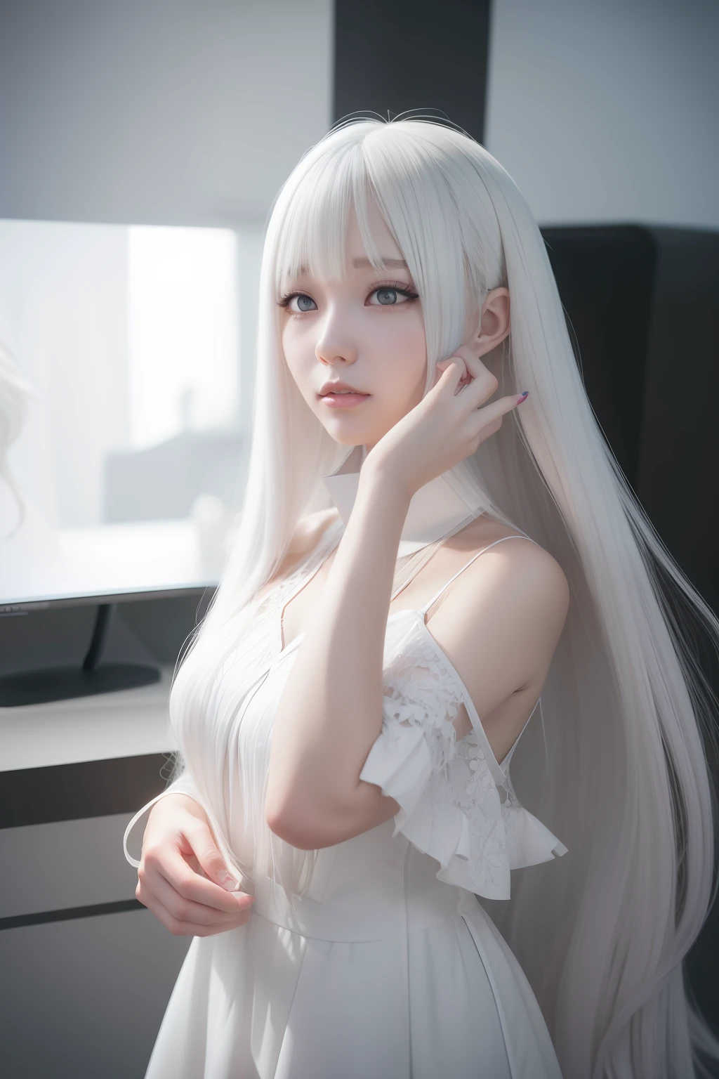 A close up of a woman with long white hair wearing a white dress ...