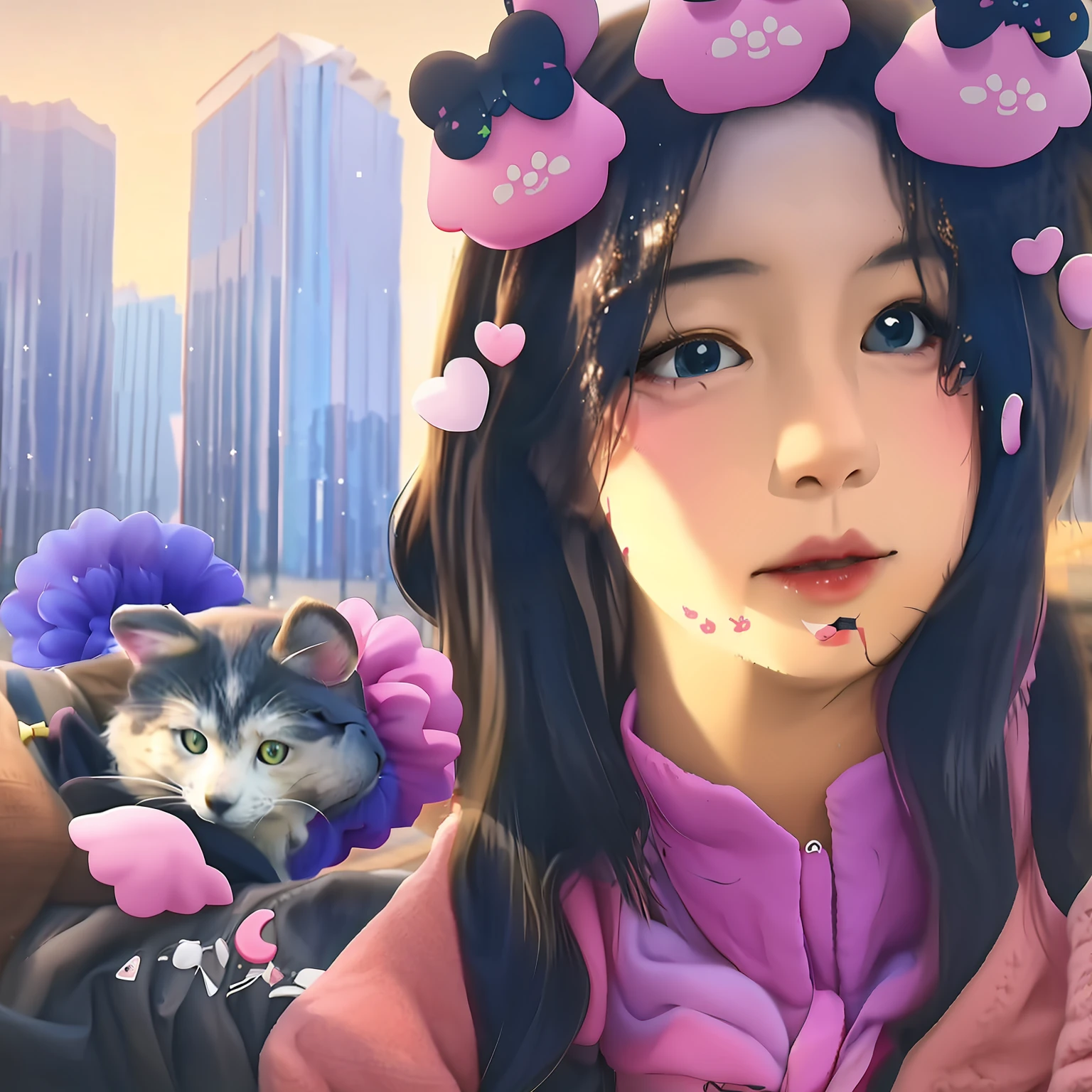 There is a woman with a dog and a cat in the background, Kawaii realistic portrait, instagram filters, Ruan cute vtuber, ulzzangs, wan adorable korean face, aesthetic cute with flutter, with instagram filters, young cute wan asian face, Instagram filters, Realistic anime 3 D style, beauty filter, Cartoon Cute, kawaii aesthetic