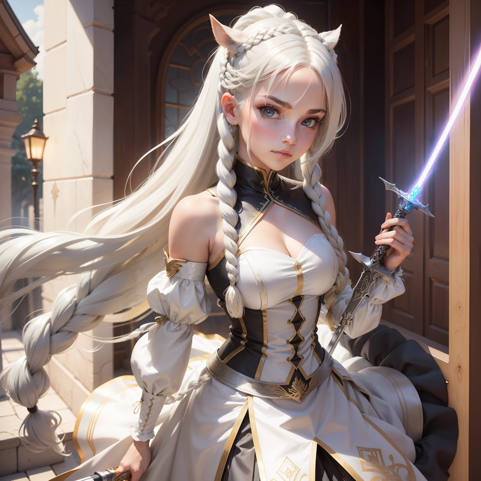 dual horsetail,Twist braids,White color hair,femele,Blonde ornaments on the head,Silver skirt,Laser sword in hand