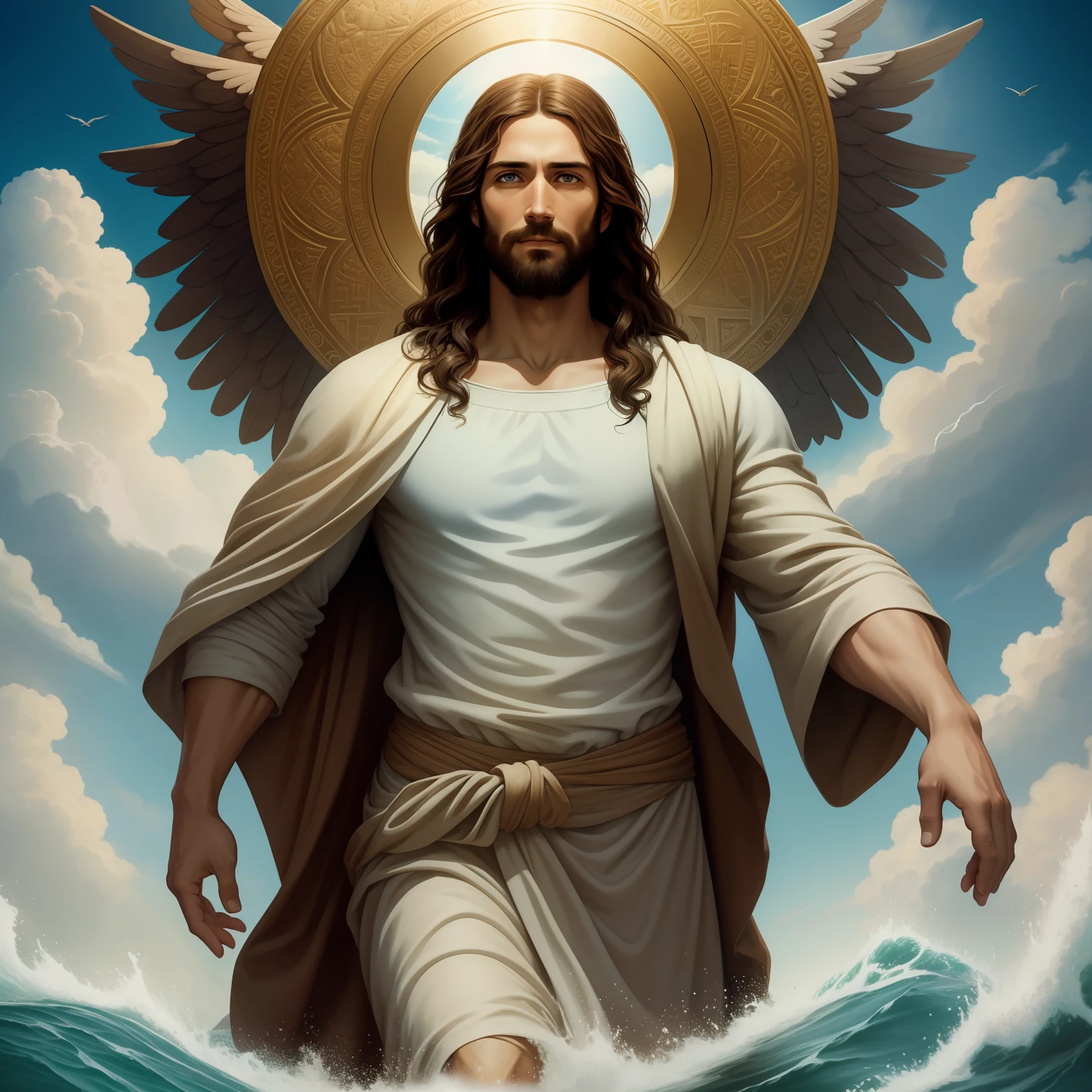 A beautiful ultra-thin realistic portrait of Jesus, the prophet, a man 35 years old Hebrew brunette, short brown hair, Cross, long brown beard, with, Helping People , perfect real blue eyes, wearing long linen tunic closed on the chest part, in front view, full body, biblical, realistic,by Diego Velázquez,Peter Paul Rubens,Rembrandt,Alex Ross,8k, Concept Art, PhotoRealistic, Realistic, Illustration, Oil Painting, Surrealism, HyperRealistic, helping people , Digital art, style, watercolorReal Jesus flying on sky with a flying cloud in the background, Jesus walking on water, biblical illustration, epic biblical representation, forcing him to flee, coming out of the ocean, ! holding in hand!, disembarking, god of the ocean, beautiful representation, 8k 3D Model, realistic,
a 3D Realistic of jesus with a halo in the sky, jesus christ, smiling in heaven, portrait of jesus christ, jesus face, 35 young almighty god, portrait of a heavenly god, greg olsen, gigachad jesus, jesus of nazareth, jesus, the face of god, god looking at me, he is greeting you warmly, he is happy, avatar image