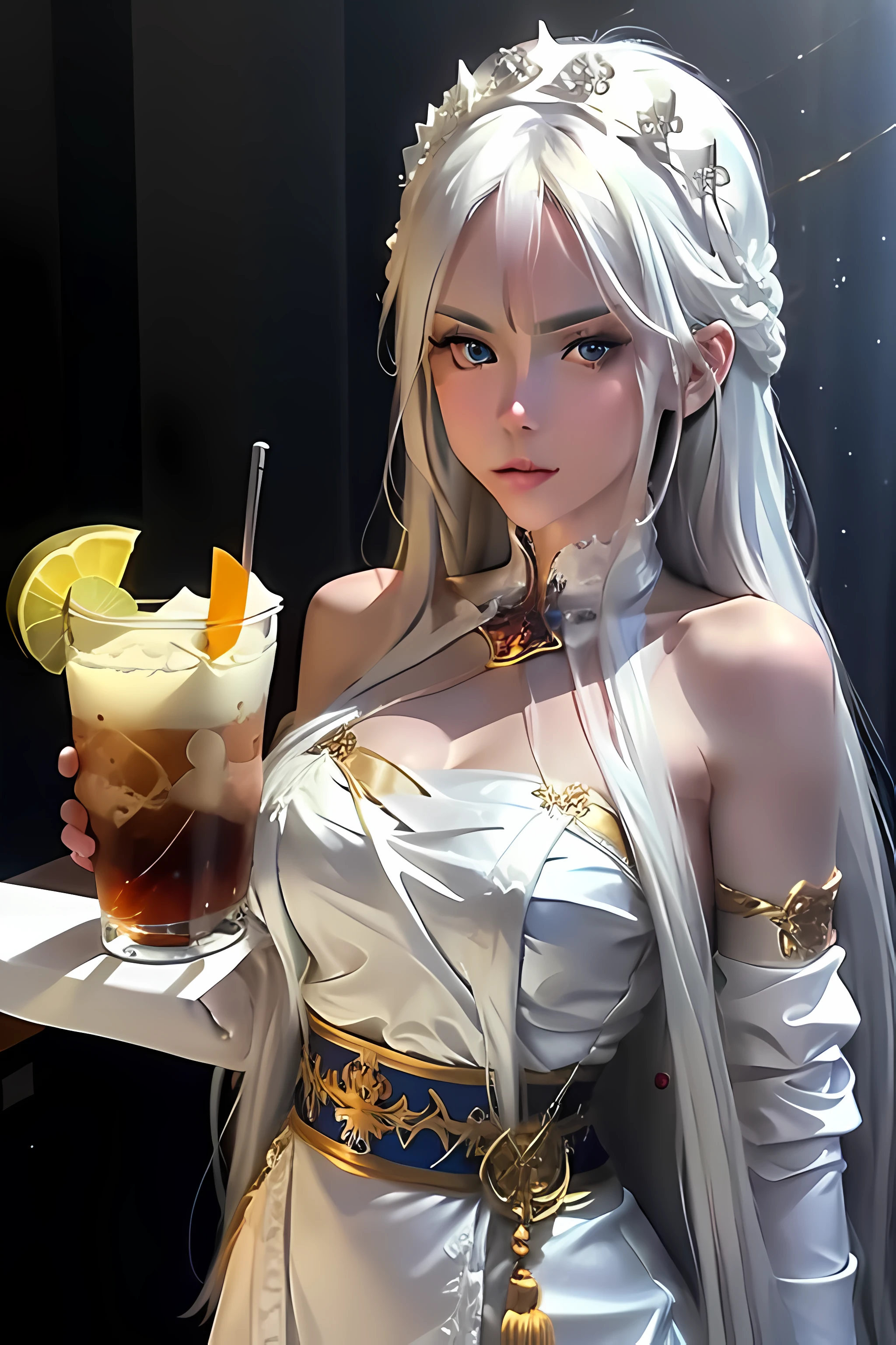 The white-haired maiden with a Russian face is draped in her hair,White skin and golden eyes,Need,The background is a bar