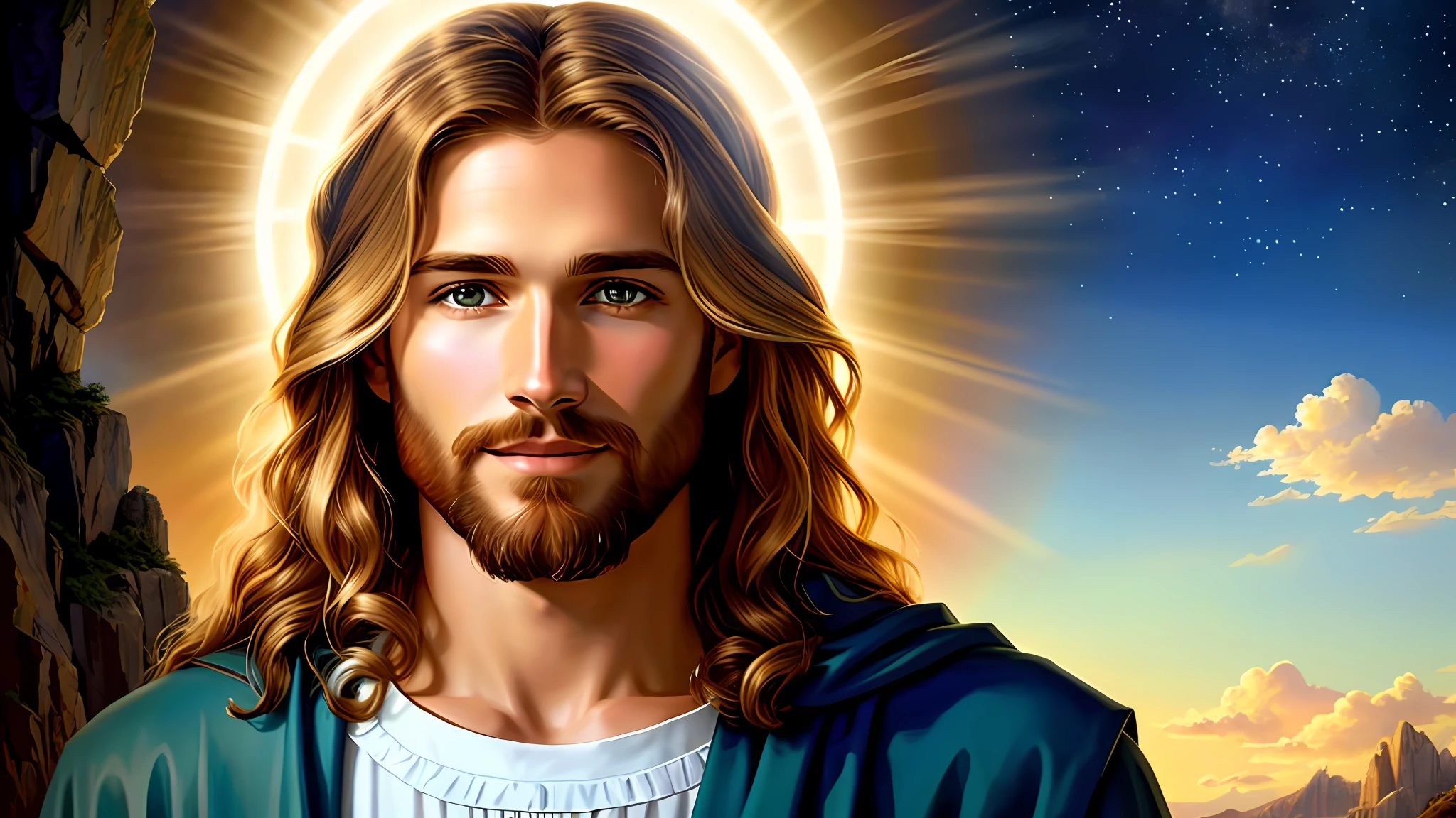 A painting of Jesus with a halo in heaven, Jesus Christ, Smiling in heaven, Portrait of Jesus Christ, Face of Jesus, Young God Almighty, Portrait of a Heavenly God, Greg Olsen, Jesus Gigachad, Jesus of Nazareth, Jesus, The face of God, God looking at me