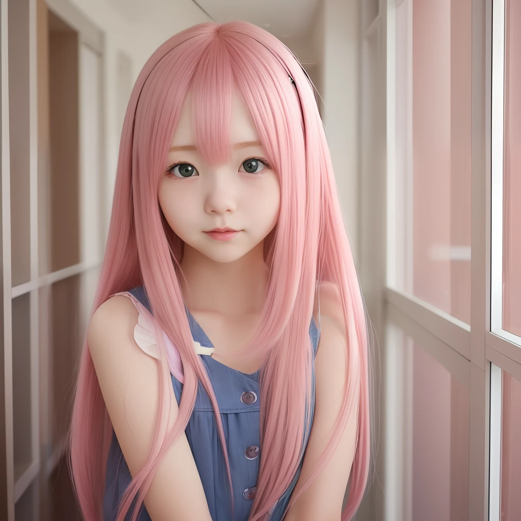 A pink-haired、length hair、hi-school girl、kawaii、Straight、faces、The upper part of the body。Forward-facing、laught