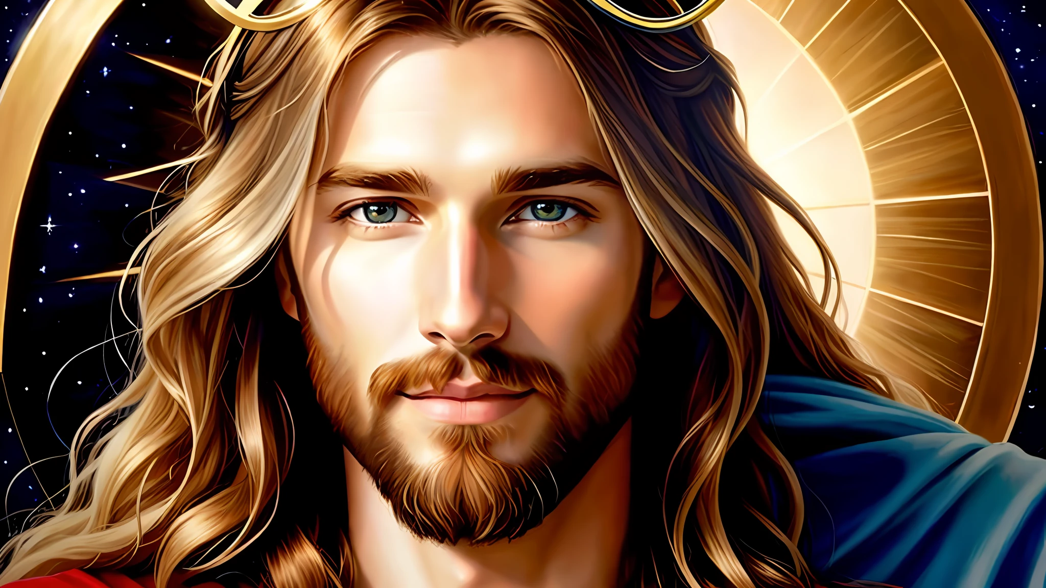 A painting of Jesus with a halo in heaven, Jesus Christ, Smiling in heaven, Portrait of Jesus Christ, Face of Jesus, Young God Almighty, Portrait of a Heavenly God, Greg Olsen, Jesus Gigachad, Jesus of Nazareth, Jesus, The face of God, God looking at me