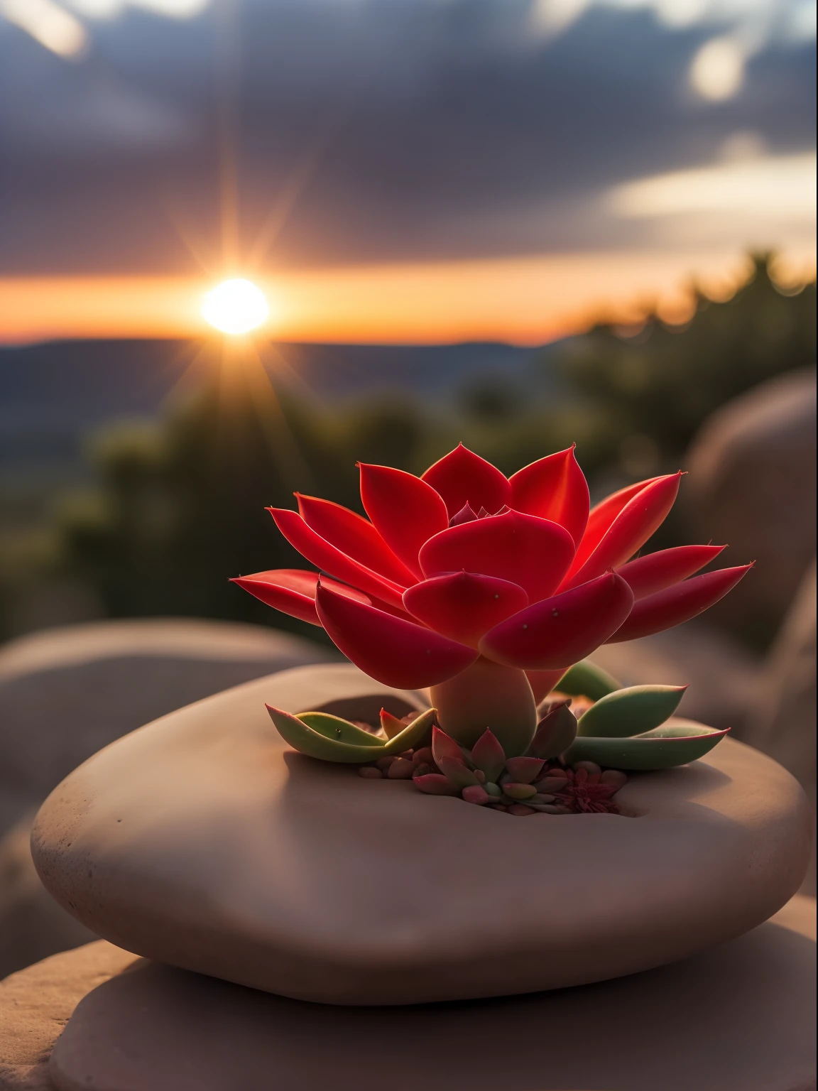 a red succulent on the stone, hdr, ((complex detail, super detail)), cinematic footage, rich details, bokeh, sunsight behind,