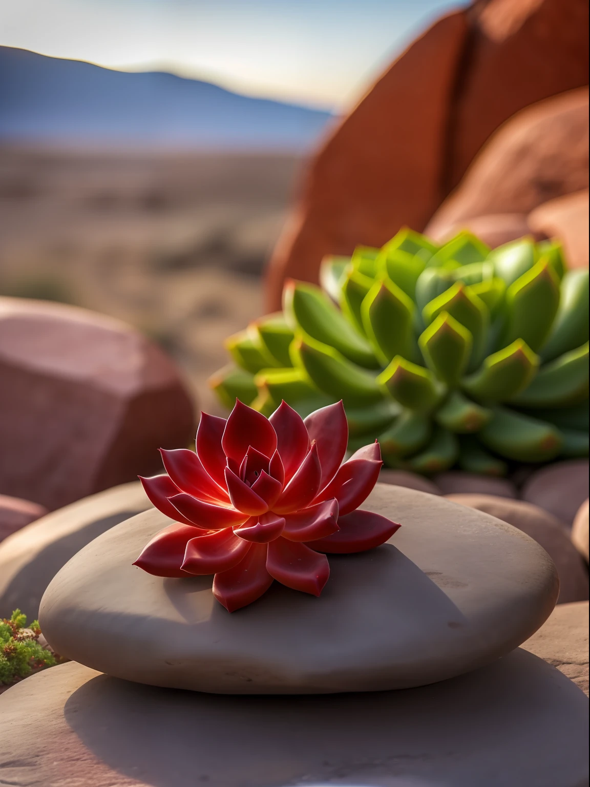 a red succulent on the stone, hdr, ((complex detail, super detail)), cinematic footage, rich details, bokeh, sunsight behind,