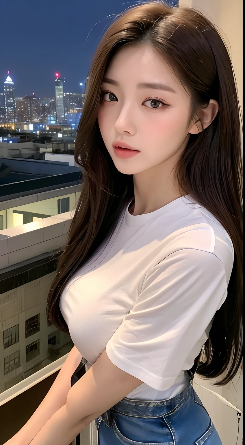 ((Midnight, Best quality, 8k, Masterpiece :1.3)), Whole body, Long legs, Sharp focus :1.2, A pretty woman with perfect figure :1.4, Slender abs :1.1, ((Dark brown hair, Big breasts :1.2)), (White tight tshirt, Jean bib, Standing:1.2), ((Night city view, Rooftop:1.3)), Highly detailed face and skin texture, Detailed eyes, Double eyelid