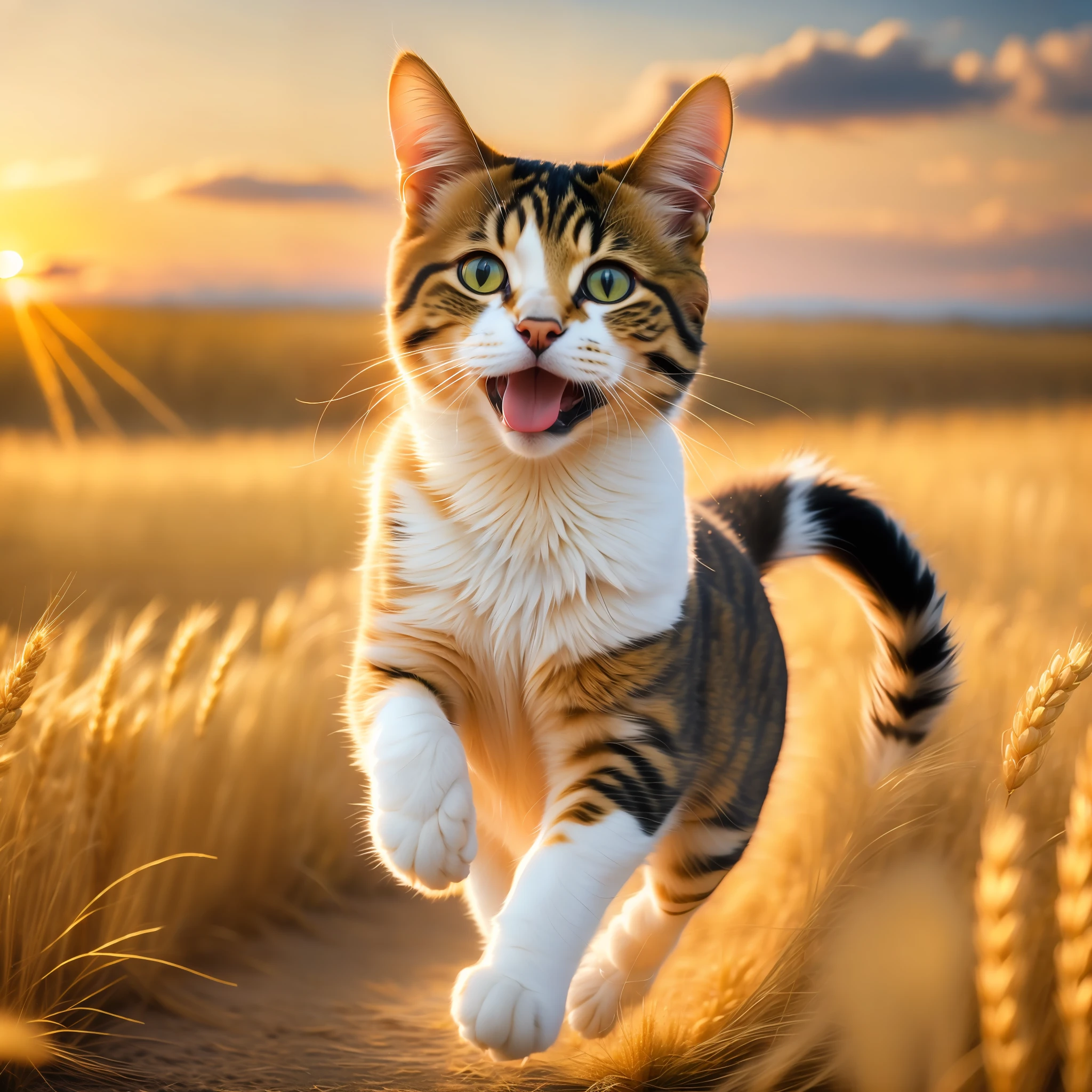 Photo of a very cute cat running in a golden wheat field, facing the camera, showing his tongue and smiling, sunset sky, white clouds, soft volumetric light, (backlight: 1.3), (movie: 1.2), intricate details, (ArtStation: 1.3), Rutkowski