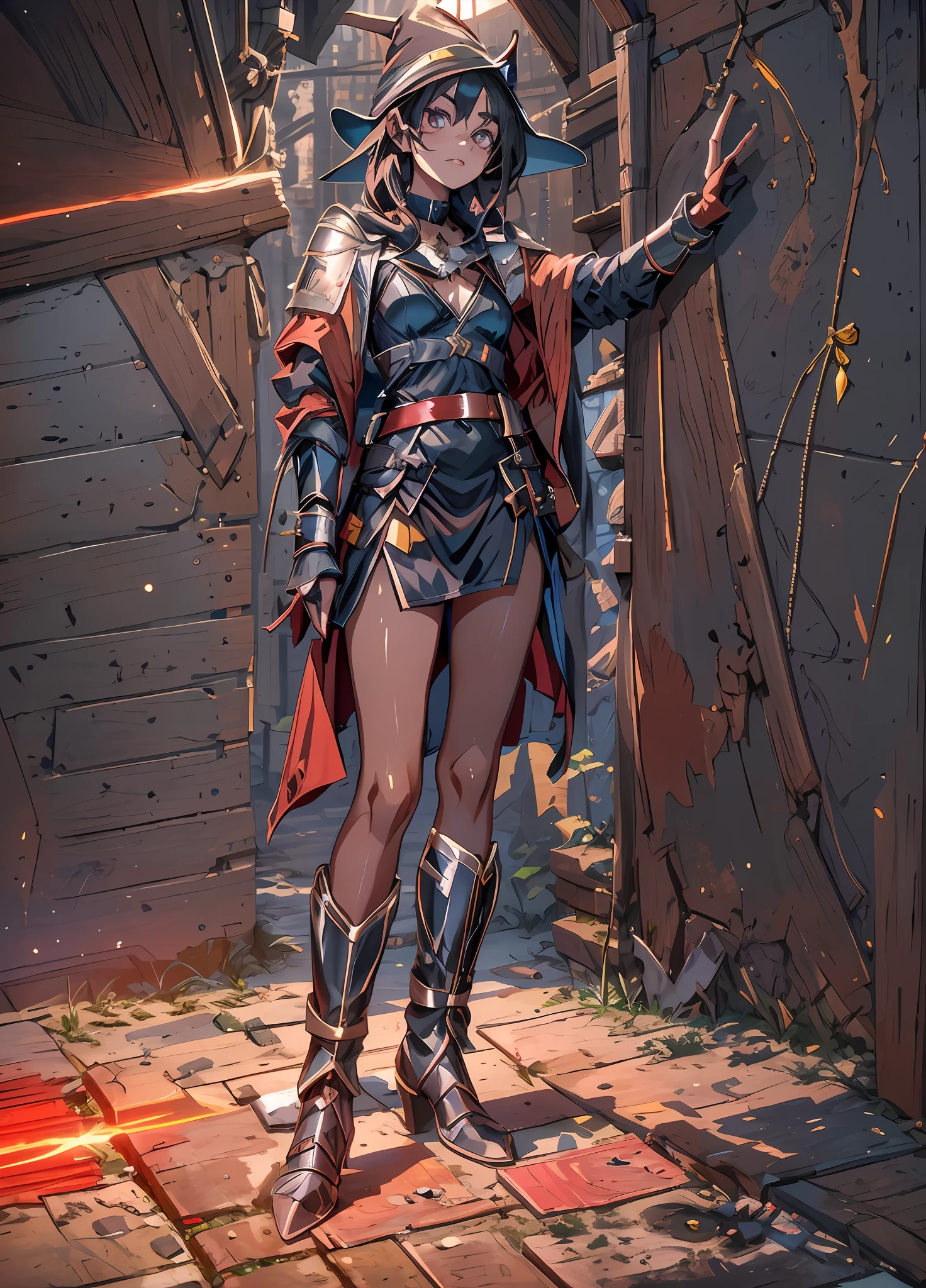 ((best qualtiy)), ((tmasterpiece)), (A detailed), ultra - detailed, 1girll, solo
stare,looking at viewert,(interview:1.3),
1girll, liang, thongs, black_hair, brown_hair, cloaks, collars, convenient_censoring, diffraction_spikes, shift dresses, eyebrows_visible_through_hair, fingerless_gloves, mitts, glowing_weapon, laser, lens_flare, light_censor, light_rays, looking_at_viewer, magick, megumin, open_mouth, red_dress, red_eyes, short_hair, small_breasts, 独奏, staff member, upper legs, witch_hat,with perfect legs,picture-perfect face,exquisite facial features,cute girly,18-year-old girl,Detailed picture,4K resolution,Exquisite clothing and accessories,Girly