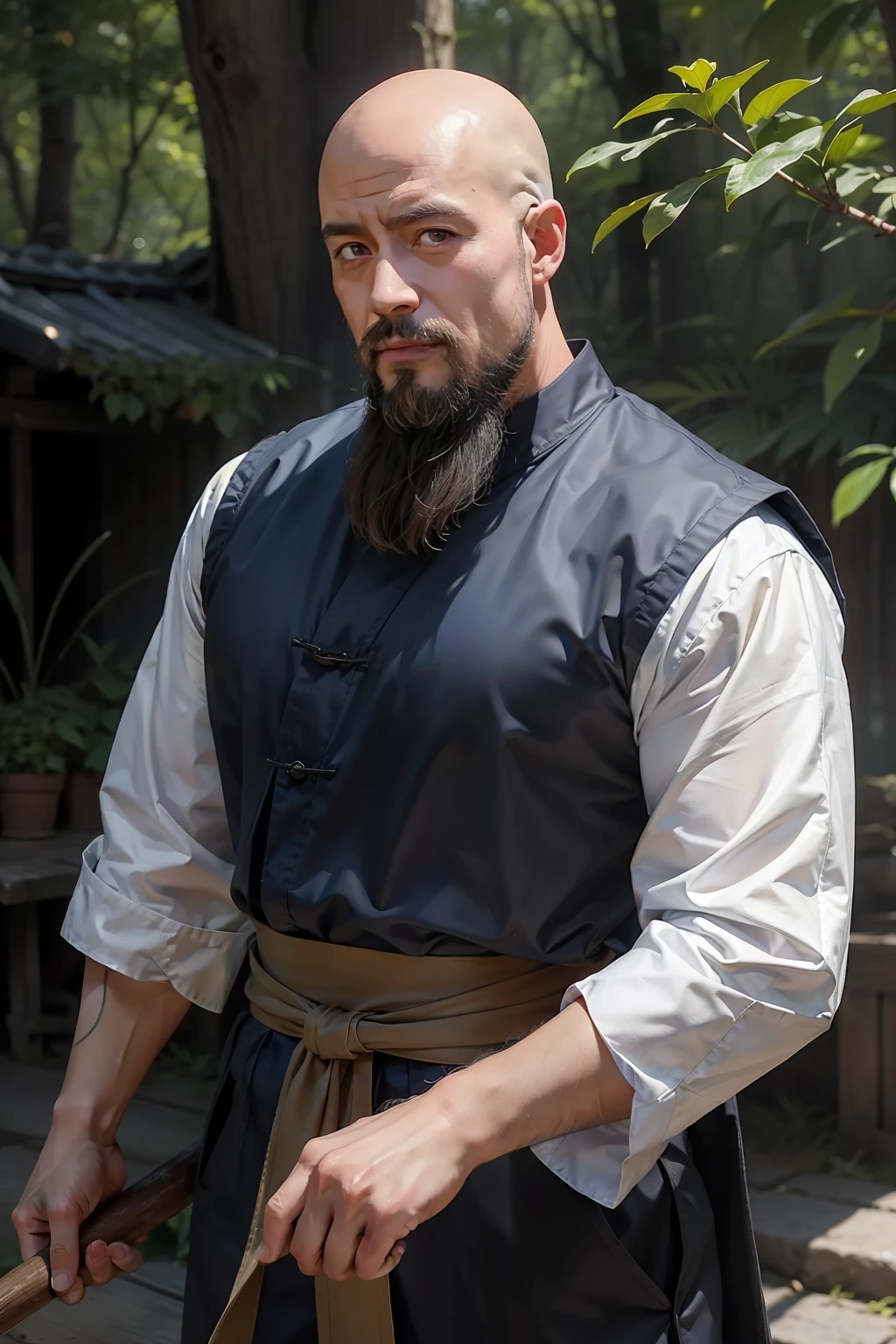 Best picture quality, tmasterpiece, 超高分辨率, Meticulous background, hentail realism, illustration, A boy with，Forest scene, strong muscle, voluminetric lighting, Depth of field effect, close-up all over the body, There is a beard, Monks in shabby clothes, Martial monk image, aged 40,mature, Older，bald-headed，National character face，Strong body，Exercise，sweat leggs，Shirtless。