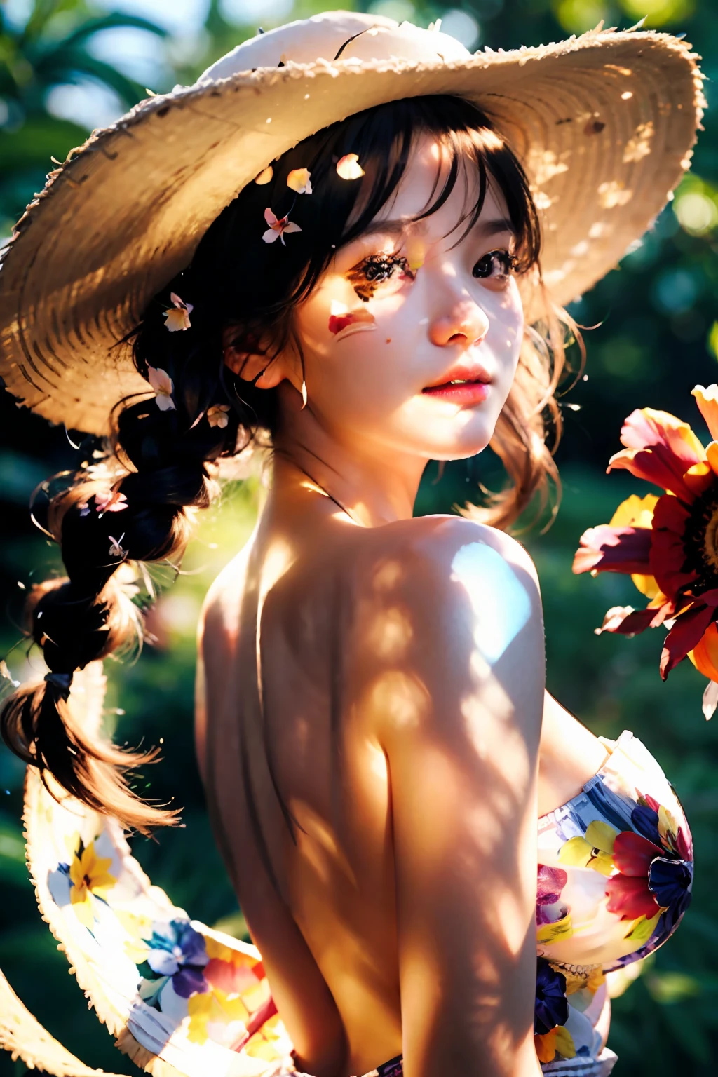 (extreme close - up:1.5)、(sface focus:2)、(Style of???? ???:1.5),
((Lateral face:2))、(1 soft_light:1.Girl Surrounded by 5)、(back lighting:1.8)、(illuminating)、(Flowing cloth:1.3)、((Floral_summer_dress:1.5)、(Straw_hat:1.3))、
(​masterpiece), realisitic, HDR, high-detail, 8k, Raw photo,
ambient occlusion、Natural and harmonious composition、Warm tones、fine-art photography、barechested