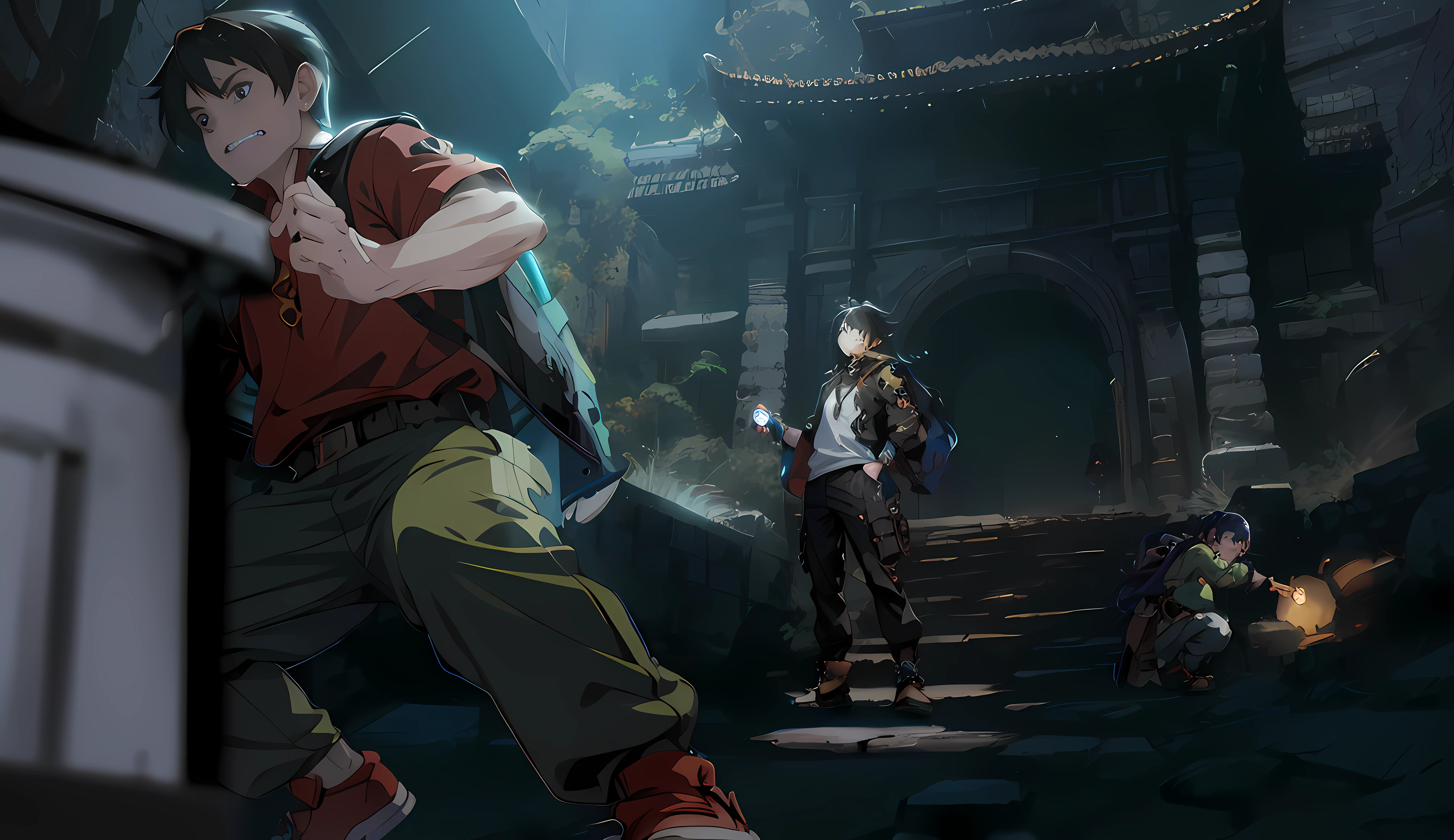 Anime characters in dark alleys，In the background is a building, Kawasi, krenz cushart and wenjun lin, Guviz-style artwork, G Liulian art style, ross tran and bayard wu, Guilty Gear strives to splash art, Guviz, guilty gear strive graphics, Guweiz on ArtStation Pixiv