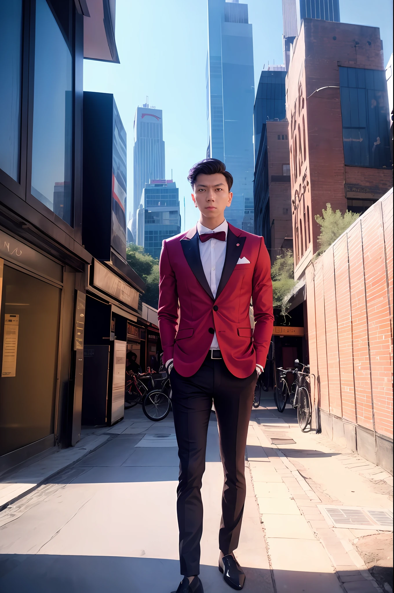 "A confident man standing tall amidst a bustling cityscape, with a hint of mystery in his captivating gaze."