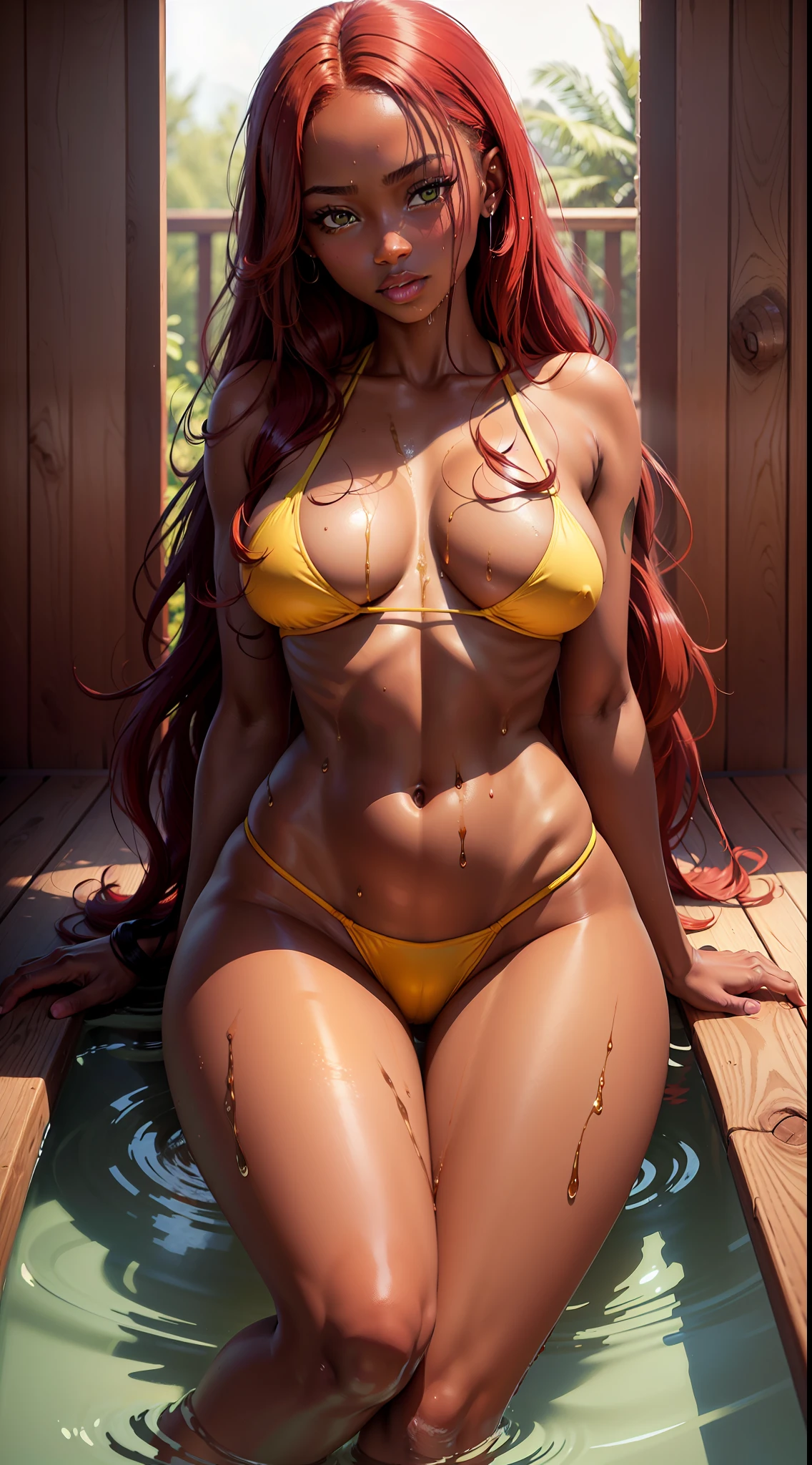 masterpiece, high quality, ultra high resolution, black woman, dark skin tone, 25 years old, alone, medium breasts, medium hips, long red hair, green eyes, red sexy shirt, ultra realistic, sauna, yellow micro bikini, na open legs position, open legs, wet skin, ultra resolution