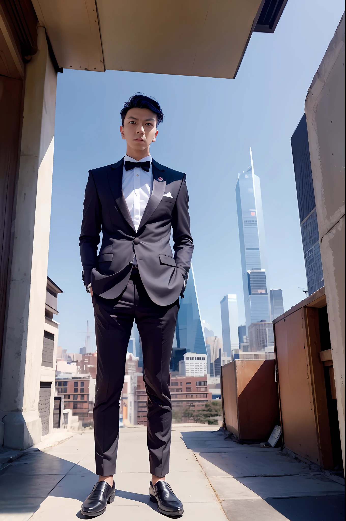 "A confident man standing tall amidst a bustling cityscape, with a hint of mystery in his captivating gaze."