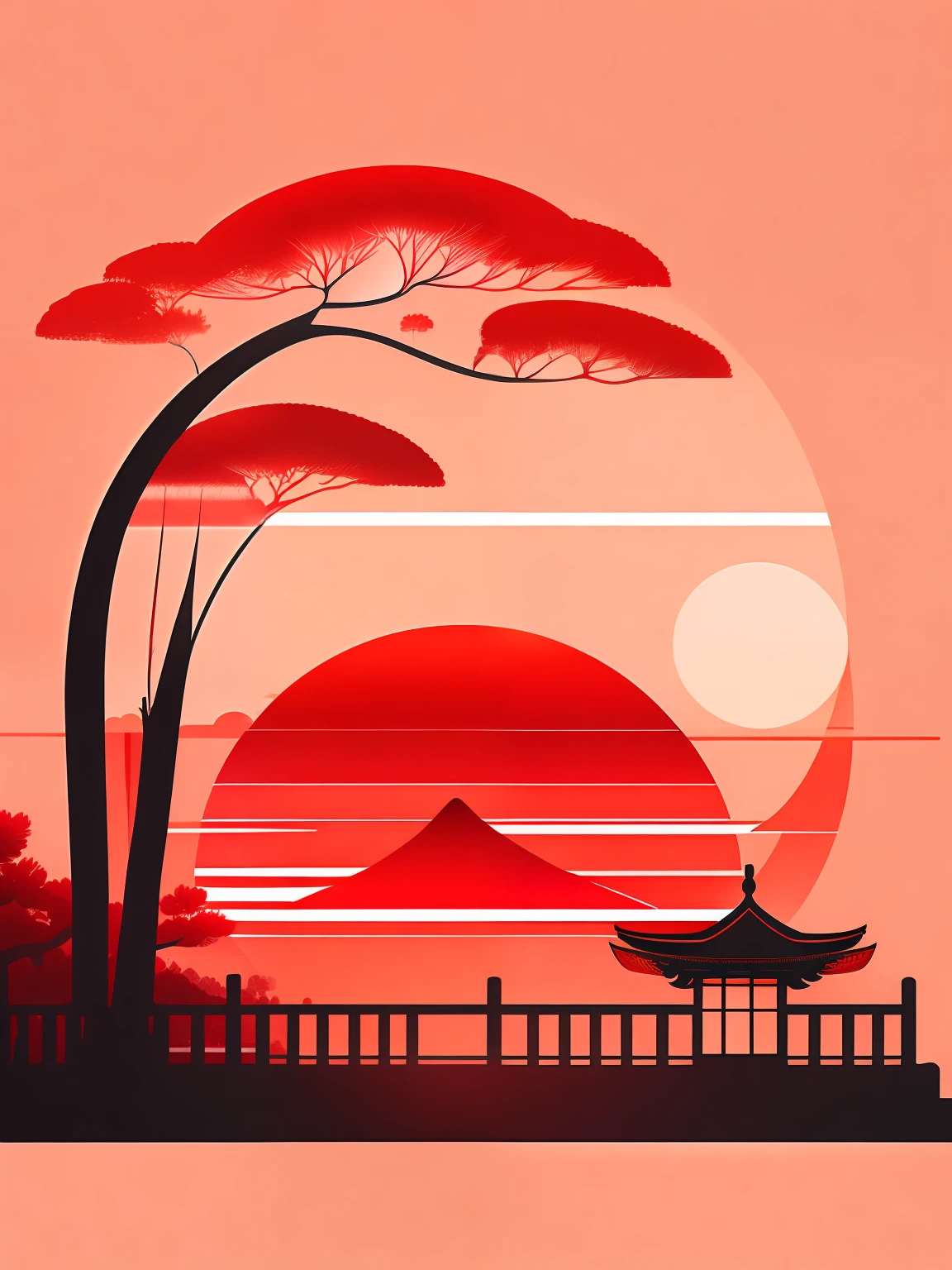 Ancient gazebo view,There is a bridge(Hangzhou style ancient bridge style),Someone crossed the bridge,There is a pine tree in front and behind the bridge,Visuals have a depth-of-field effect,Gradients of scenery,Minimalist line style,Black, white, red tones,Contrasting colors are obvious,The red sun(Gradient effect),Japanese illustration style,Transparent visual simple line design,vectorial art
