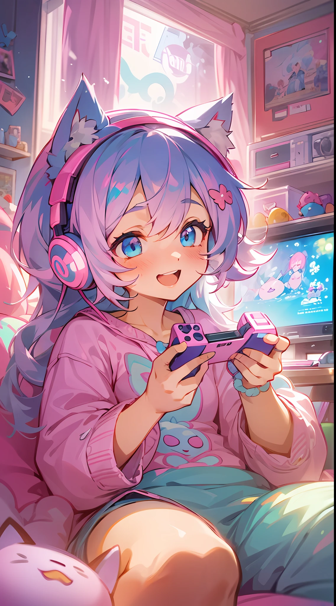 1girl, beautiful eye, smile, gaming girl, cheerful expression, fluffy pink hair, long and wavy, twinkling blue eyes, pink pajamas, cute cat ear headphones in pastel colors, cross-legged pose, playing a handheld game console, a soft and fluffy room background, plush toys scattered around, pastel-colored pillows, warm glow from a nearby desk lamp, fuzzy carpet under her, game console screen glowing with vibrant colors, fluffy slippers peeking out from under her pajamas, soft shadows adding depth to her surroundings, light from the game console illuminating her face, focus and enjoyment evident in her eyes, fingers deftly moving over the game controls, soft blush on her cheeks, strands of hair falling over her face, a happy grin lighting up her face, headphones adorned with cute cat-themed details, ear tufts and pink accents, her posture relaxed and comfortable, colorful game posters adorning the walls, game-themed trinkets and figurines on shelves in the background, a comfortable gaming chair behind her, hint of a giggle escaping from her lips, relaxed and cozy atmosphere, gentle, playful and carefree, pillows and plush toys mirroring her love for games, fluffy and soft textures contrasting with the sharp glow of the game screen, overall scene full of cuteness and fun,
