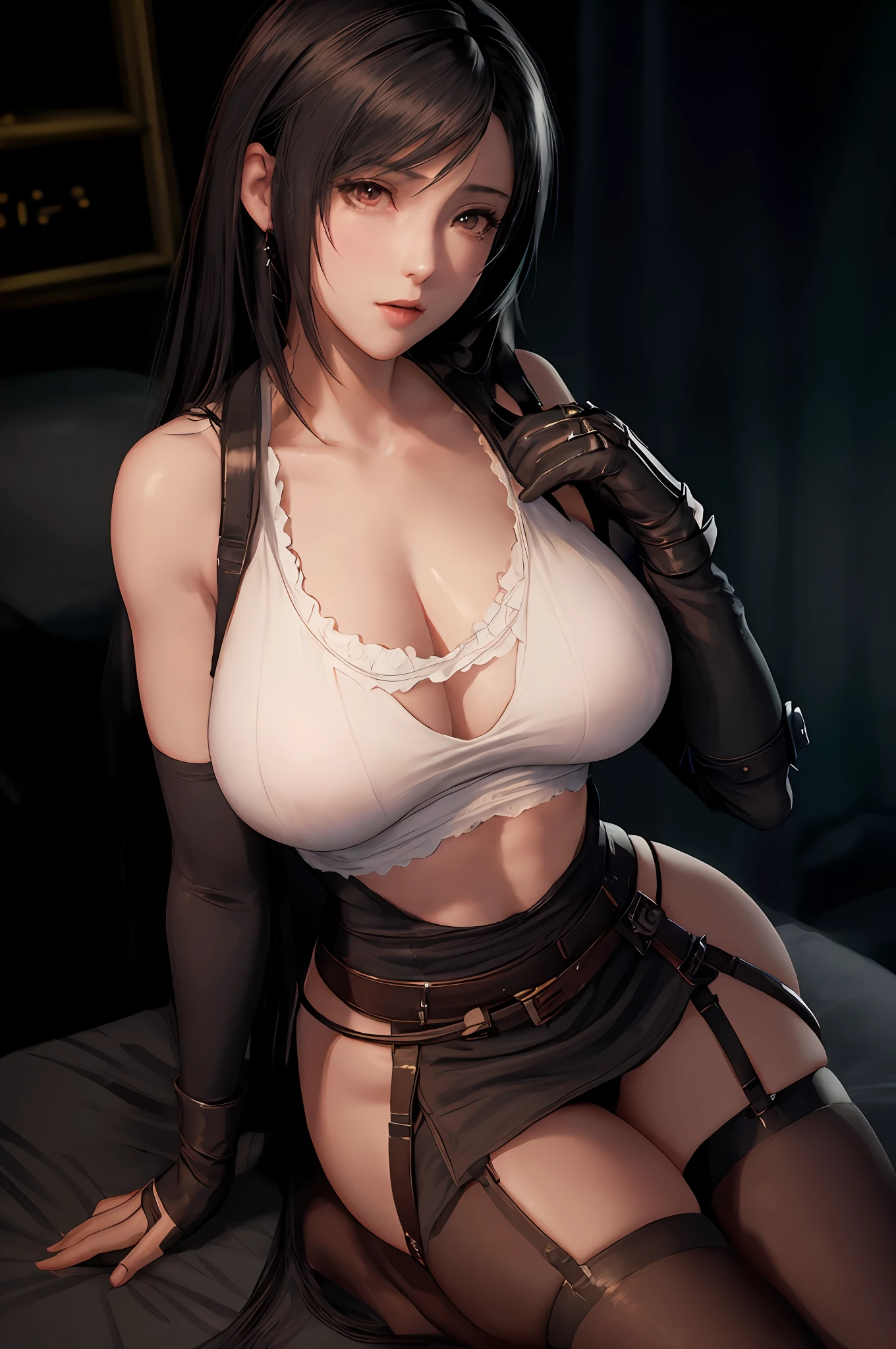 a close up of a woman in a white top and black stockings, tifa lockhart, seductive tifa lockhart portrait, tifa, tifa lockheart, glamorous tifa lockheart, tifa lockhart with white hair, tifa lockhart portrait, portrait of tifa lockhart, seductive anime girl, oppai cyberpunk, very sexy outfit, japanese goddess