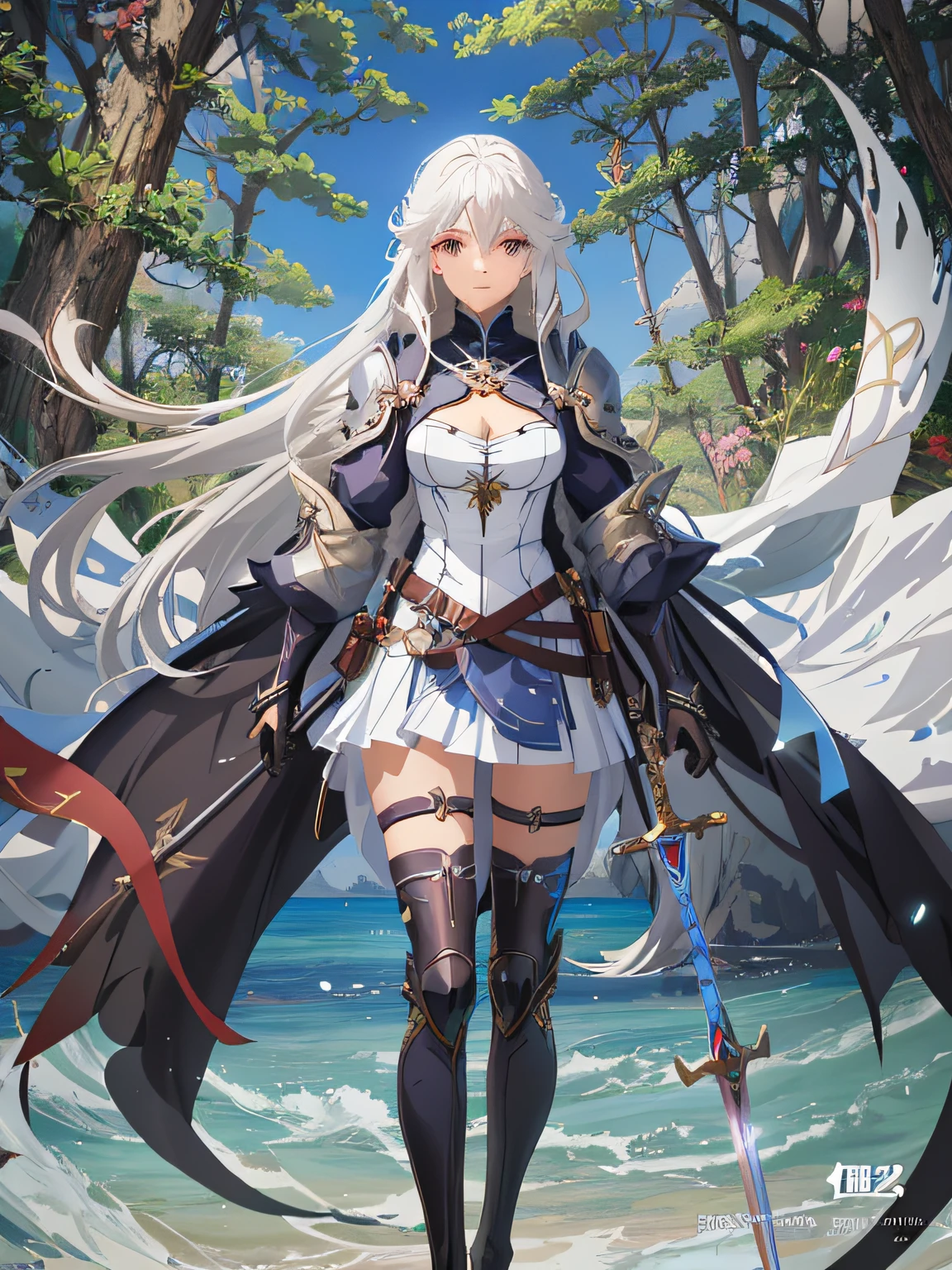 Anime girl standing on beach with long white hair and sword, 2. 5 D CGI anime fantasy artwork, Kushatt Krenz Key Art Women, Guweiz on ArtStation Pixiv, Anime fantasy artwork, Guweiz in Pixiv ArtStation, Anime fantasy illustration, beautiful fantasy anime, high detailed official artwork, trending on artstation pixiv
