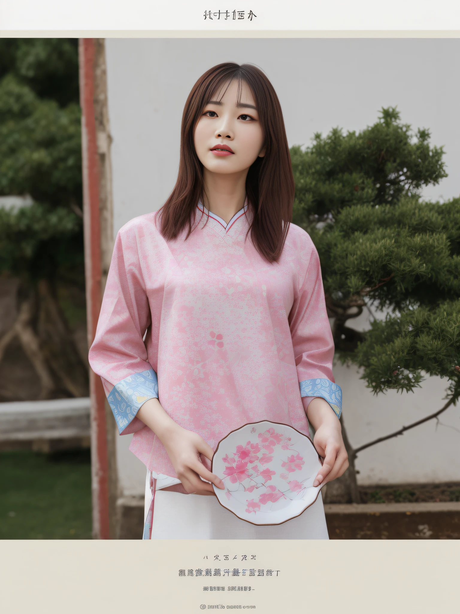 The Aalfed woman holds a plate with a pink flower pattern, with acient chinese clothes, Traditional Chinese clothing, loose - fitting blouses, Chinese traditional, pink zen style, Chinese style, modern casual clothing, Pink clothes, Wearing ancient Chinese clothes, inspired by Chen Daofu, shaxi, Chinese girl, Detailed picture, inspired by Ma Yuanyu,Retina screen,hyper HD,Textured skin,A high resolution,anatomy correct,atmospheric distance sense,Perspectiva subjetiva,Standing painting style,face ultra details,best qualtiy,8k,Chinese things,Super realistic,Star temperament,Ultra-life-life detail on the face