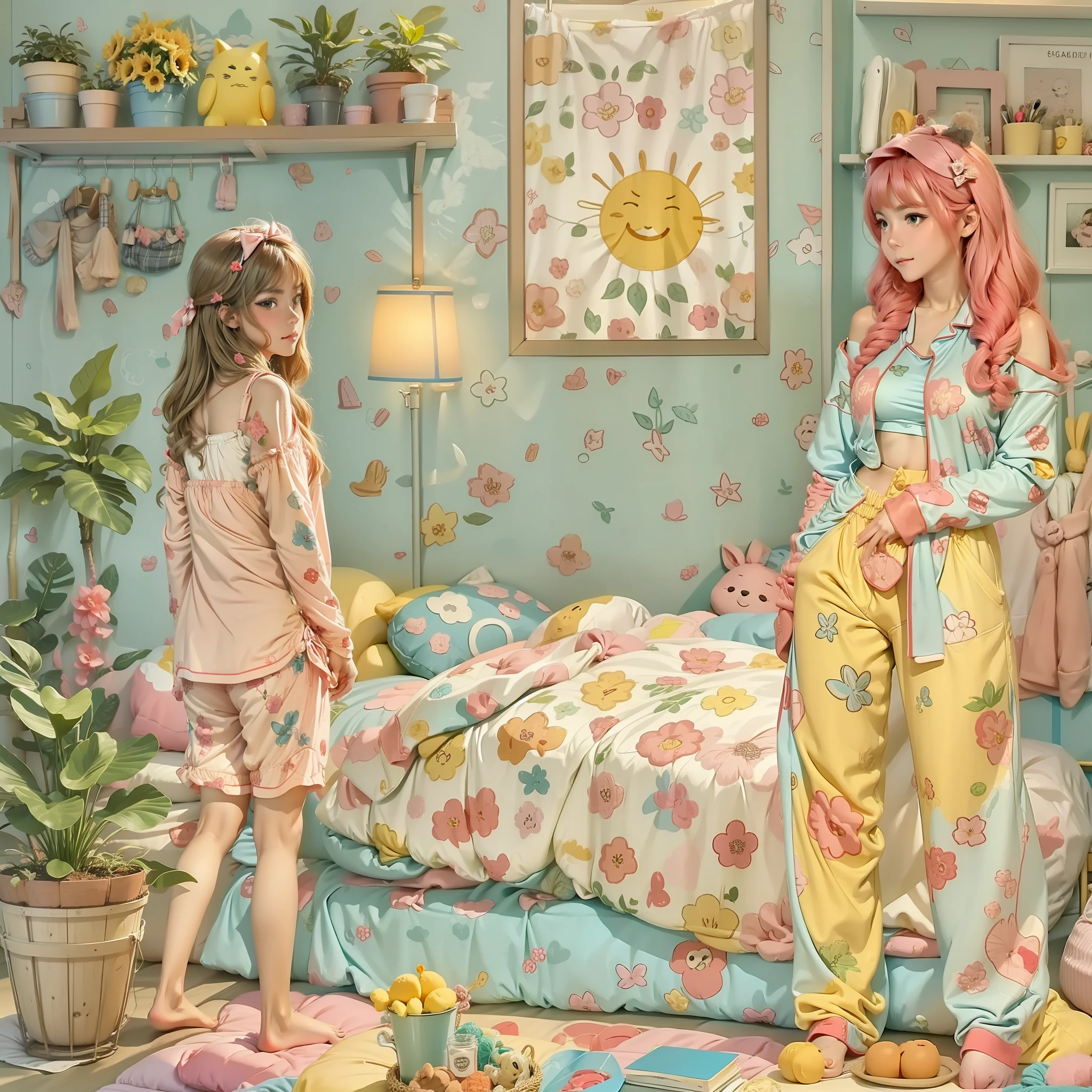 Beds,janelas,rays of sunshine,potted,teens girl,pyjamas