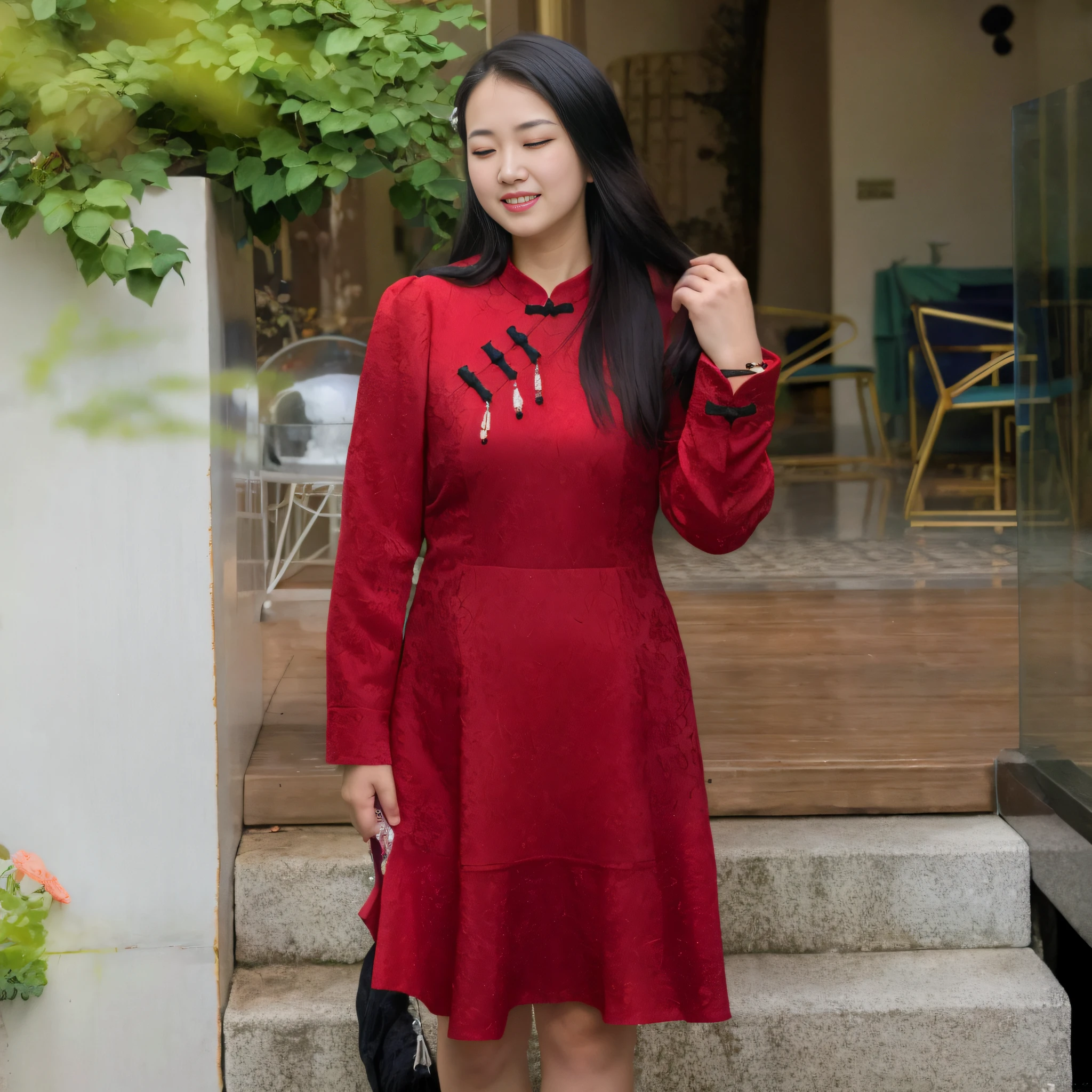 There was a woman standing on the steps of the building, Wearing a red cheongsam, Cheongsam, Chinese dress, Traditional Chinese clothing, wearing red formal attire, Chinese traditional, Chinese woman, with acient chinese clothes, Chinese style, Brocade dress, girl wears a red dress, Chinese costume, in a red dress, wearing red attire,Retina screen,hyper HD,Textured skin,A high resolution,anatomy correct,atmospheric distance sense,Perspectiva subjetiva,Standing painting style,face ultra details,best qualtiy,8k,Chinese things,Super realistic,Star temperament,Facial super straight detail