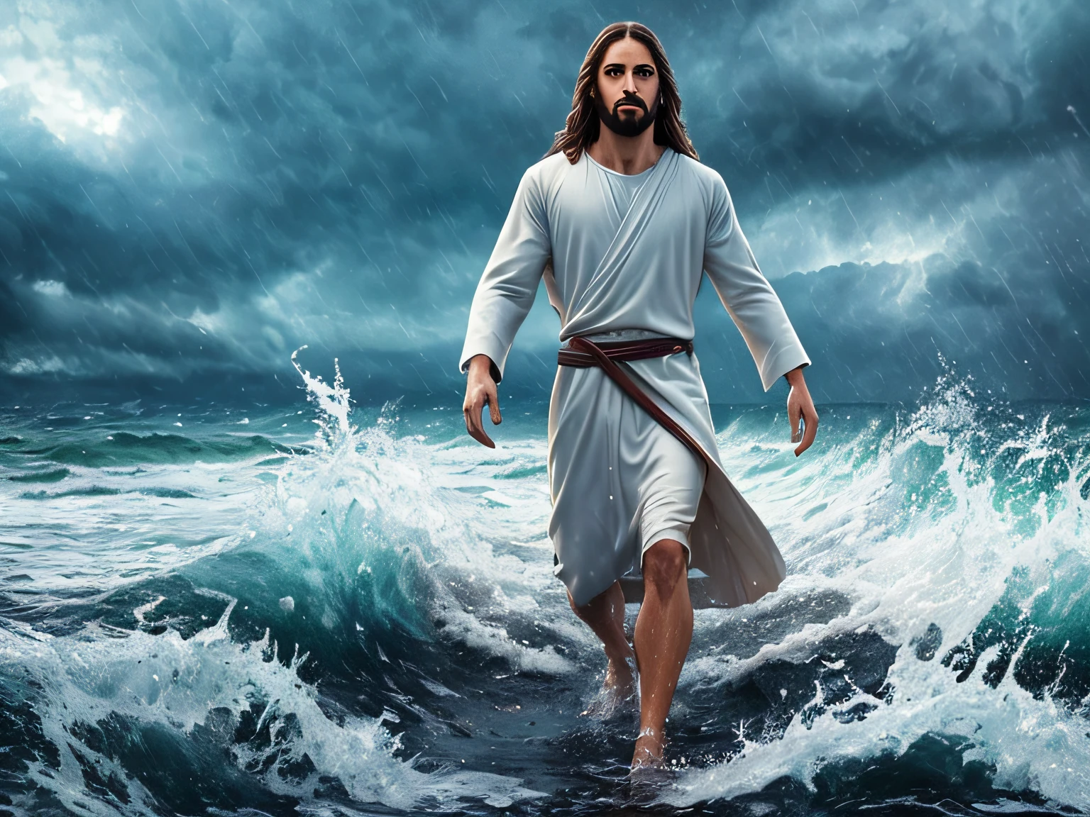jesus walking on water in a storm, masterpiece, best quality, high quality, extremely detailed CG unit 8k wallpaper, award winning photography, Bokeh, Depth of Field, HDR, bloom, Chromatic aberration, photorealistic, extremely detailed, trending on artstation, trending on CGsociety, intricate, high detail, dramatic, mid-journey art, volumetric lighting