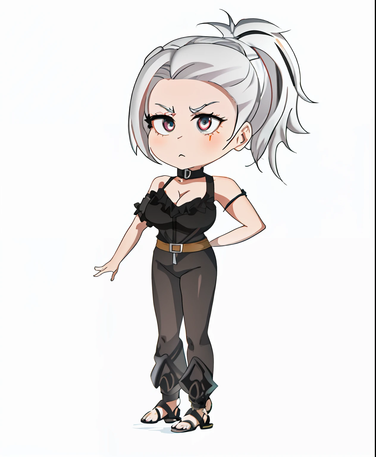 Cartoon drawing of a woman with white hair and a black blouse, Tifa Lockhart with white hair, anya from spy x family, female anime character, full body adoptable, anime figure, anime style character, Silver hair (pony tails), Single character full body, anime vtuber full body model, Silver hair girl, Female protagonist 👀 :8, anime girl named lucy