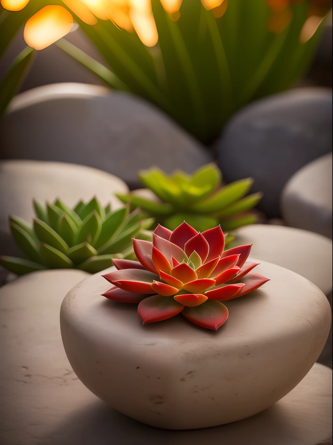 02 red succulents on the stone, hdr, ((complex detail, super detail)), cinematic footage, rich details, bokeh, sunsight behind,