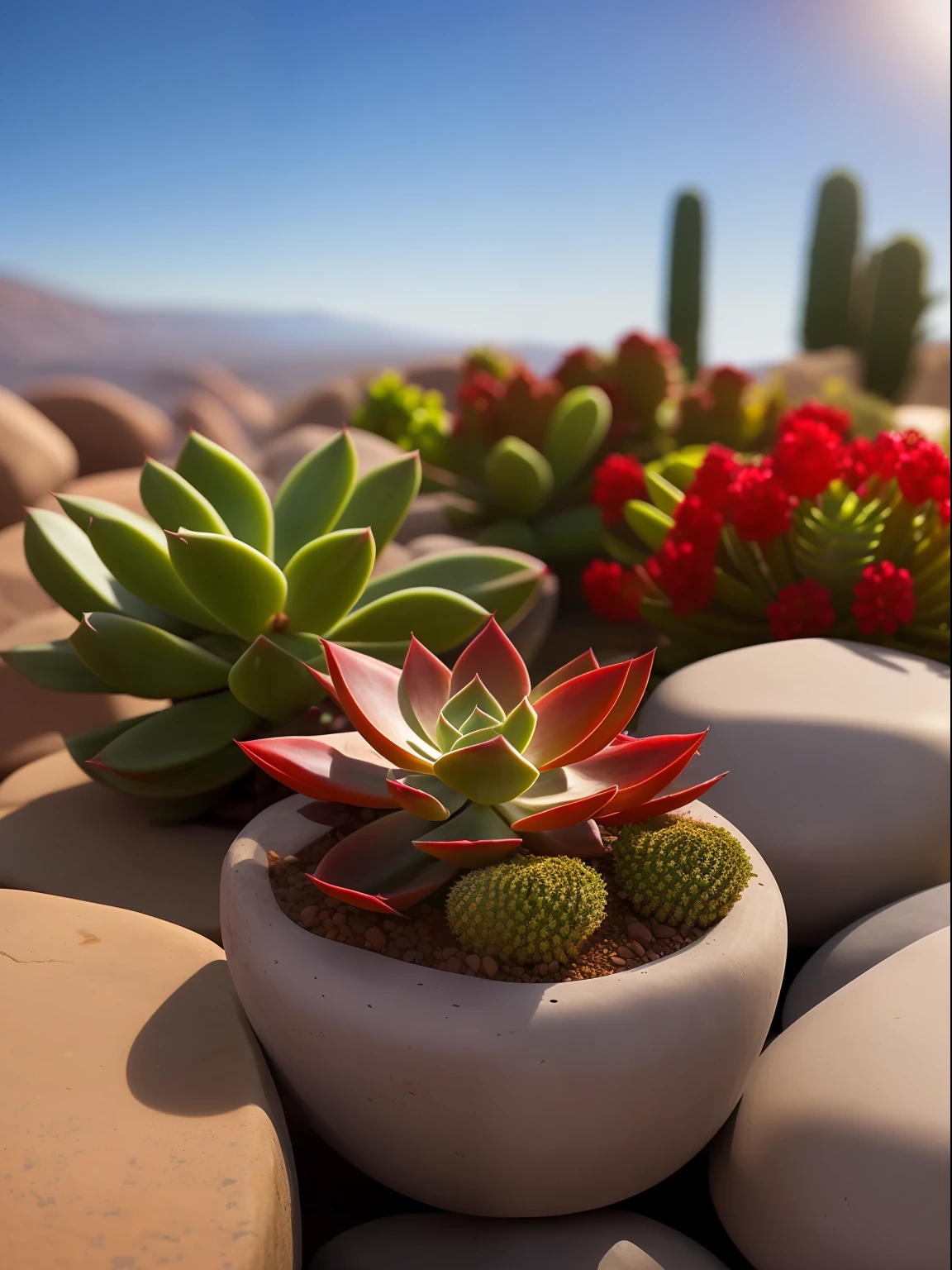 02 red succulents on the stone, hdr, ((complex detail, super detail)), cinematic footage, rich details, bokeh, sunsight behind,