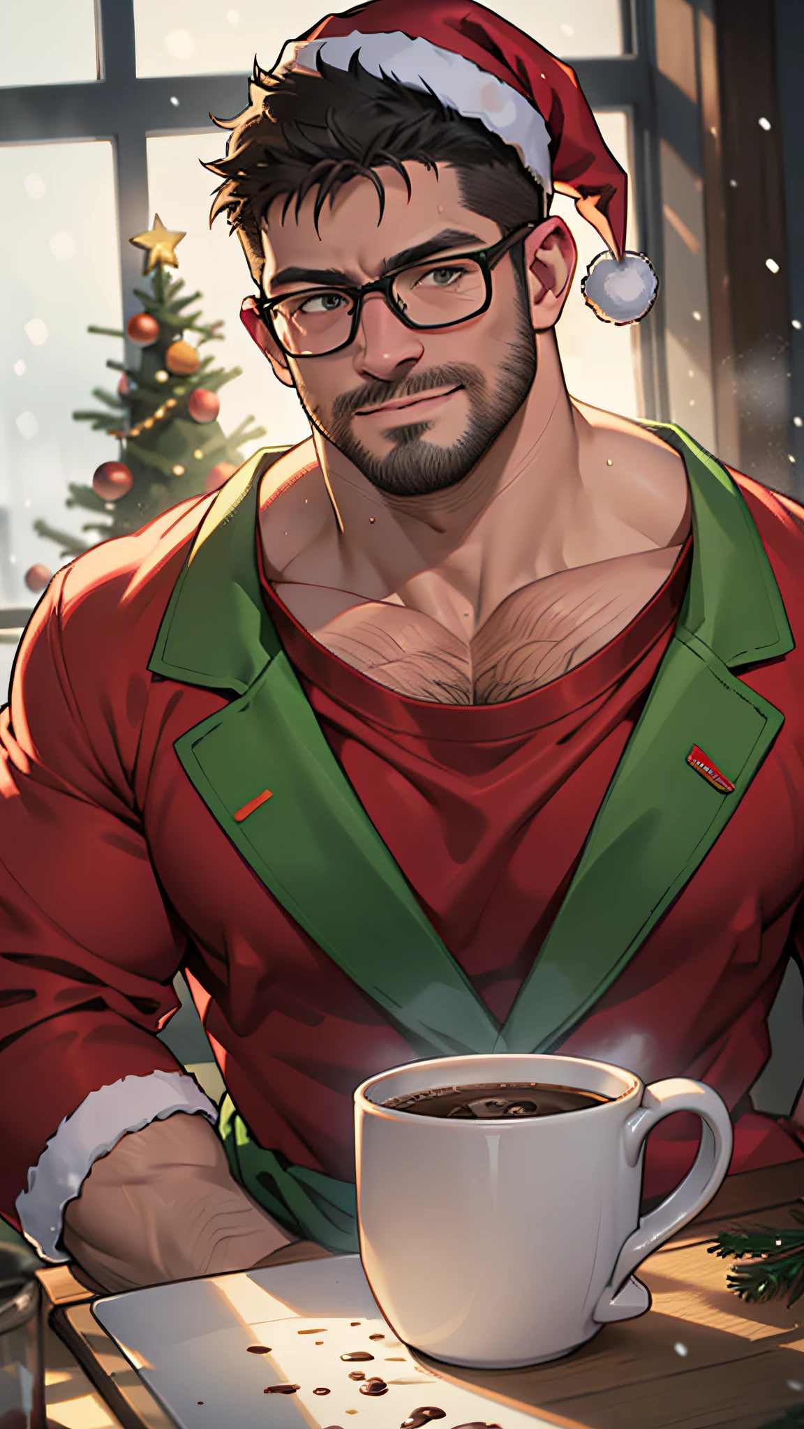 1 man, solo, masterpiece, best quality, highres, upper body shot, ultra detailed, ((wide angle)), middle-aged man, daddy, hunk physique, beefy, burly, hairy, manly, really tall, black hair, wearing a red and green Christmas sweater, red trousers, wearing glasses, wearing red Santa's Chirstmas hat, wearing fake white Santa's beard, cheerful cute smile, holding a hot chocolate mug, Winter, indoors, snowing, window in the background, small Christmas tree in the background, incredible composition, HDR, volumetric lighting, shadows, , aesthetic