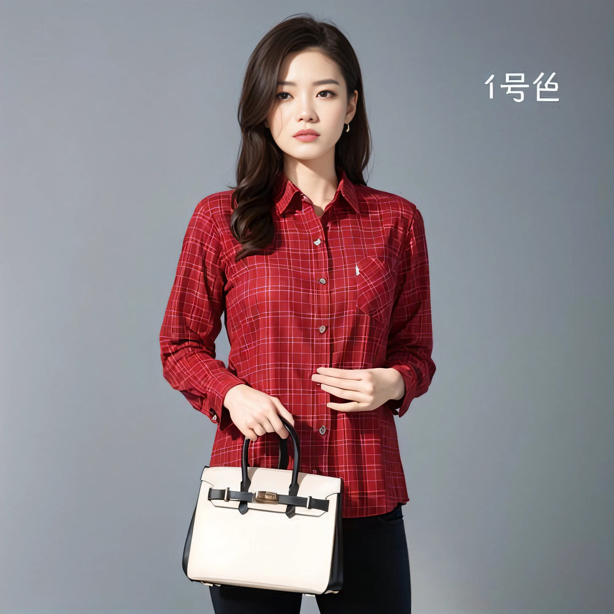 A woman in a red shirt holds a white purse, red elegant shirt, Stylish, red shirt brown pants, modern casual clothing, korean women's fashion model, Plaid shirt, H 576, - h 8 5 0 - w 6 0 0, Wearing a red lumberjack shirt, Cotton, casual clothing style, casual modern clothing, ellegance, Lady，Retina screen，hyper HD，Textured skin，A high resolution，anatomy correct，atmospheric distance sense，Perspectiva subjetiva，Standing painting style，face ultra details，best qualtiy，8k，Chinese things，Super realistic，Star temperament，Facial super straight detail