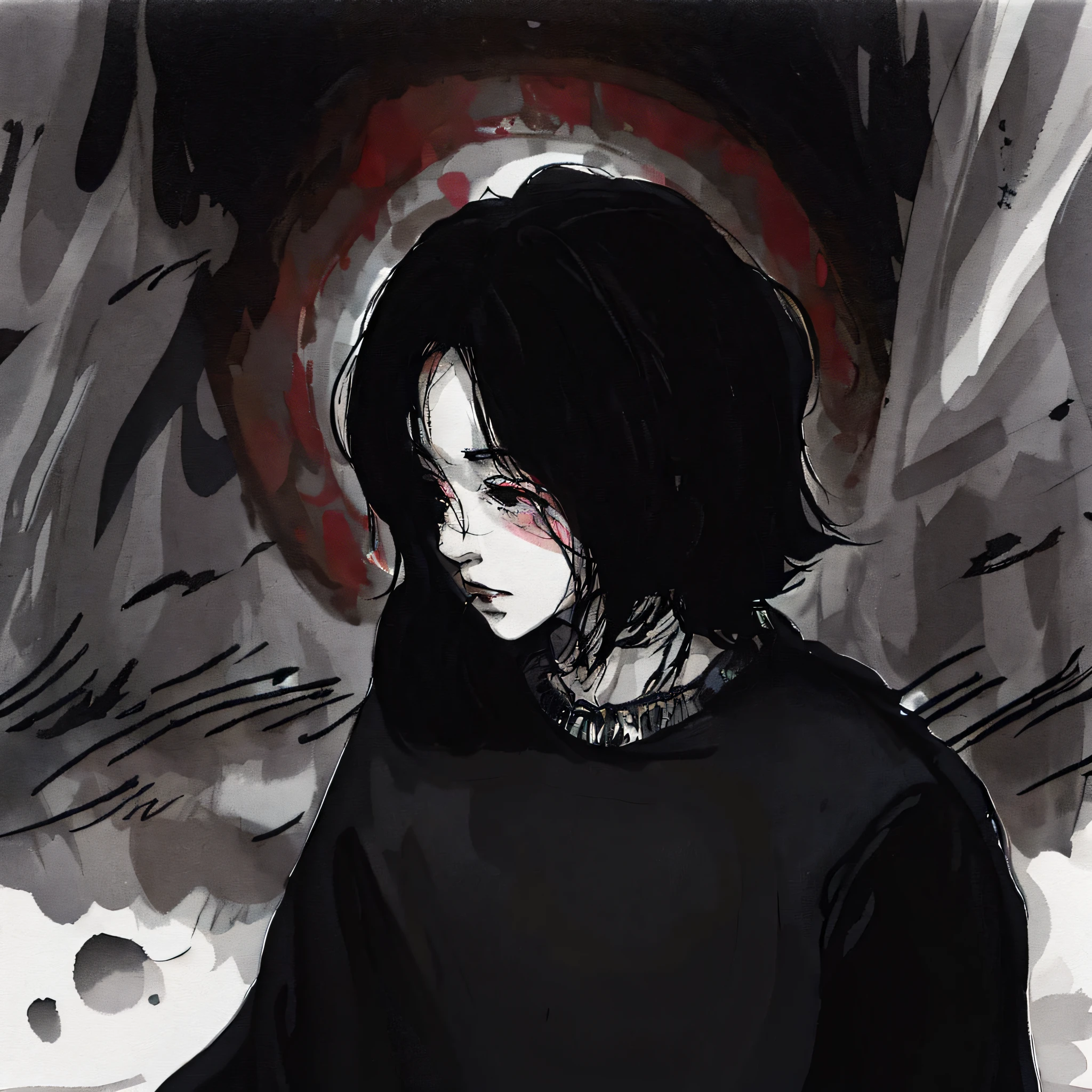 There is a black and white picture,A man holds a cell phone, black sketch, dark illustration, with a sad expression,The young handsome man looked sad and solemn, Guviz-style artwork, melancholic art, black and white manga style, & her expression is solemn, half-body portrait, Messy black hair, ink manga drawing, Messy black Bob hair,Melancholic zombie demeanor,The eyes are deep and hollow, The outside of the eyes is white,No eyeballs, The eyes are hollow pure white,The inside of the eye socket is pure white,Empty, And there are no eyeballs,But as gentle as water,The lips are slightly open, And the face shape remains unchanged from the original picture,There are scars on both sides of the cheeks,There is blood around the eye socket,The background is bloody,A thick sense of oppression,Heavy ink