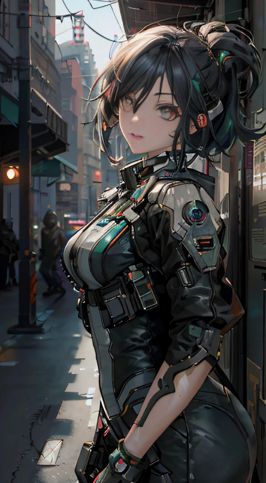 Anime girl in futuristic costume standing on street corner, Digital cyberpunk anime art, Guviz-style artwork, cyberpunk anime girl, anime cyberpunk art, female cyberpunk anime girl, Guviz, Guweiz in Pixiv ArtStation, digitl cyberpunk - anime art, cyberpunk anime art, Guweiz on ArtStation Pixiv, by Yang J