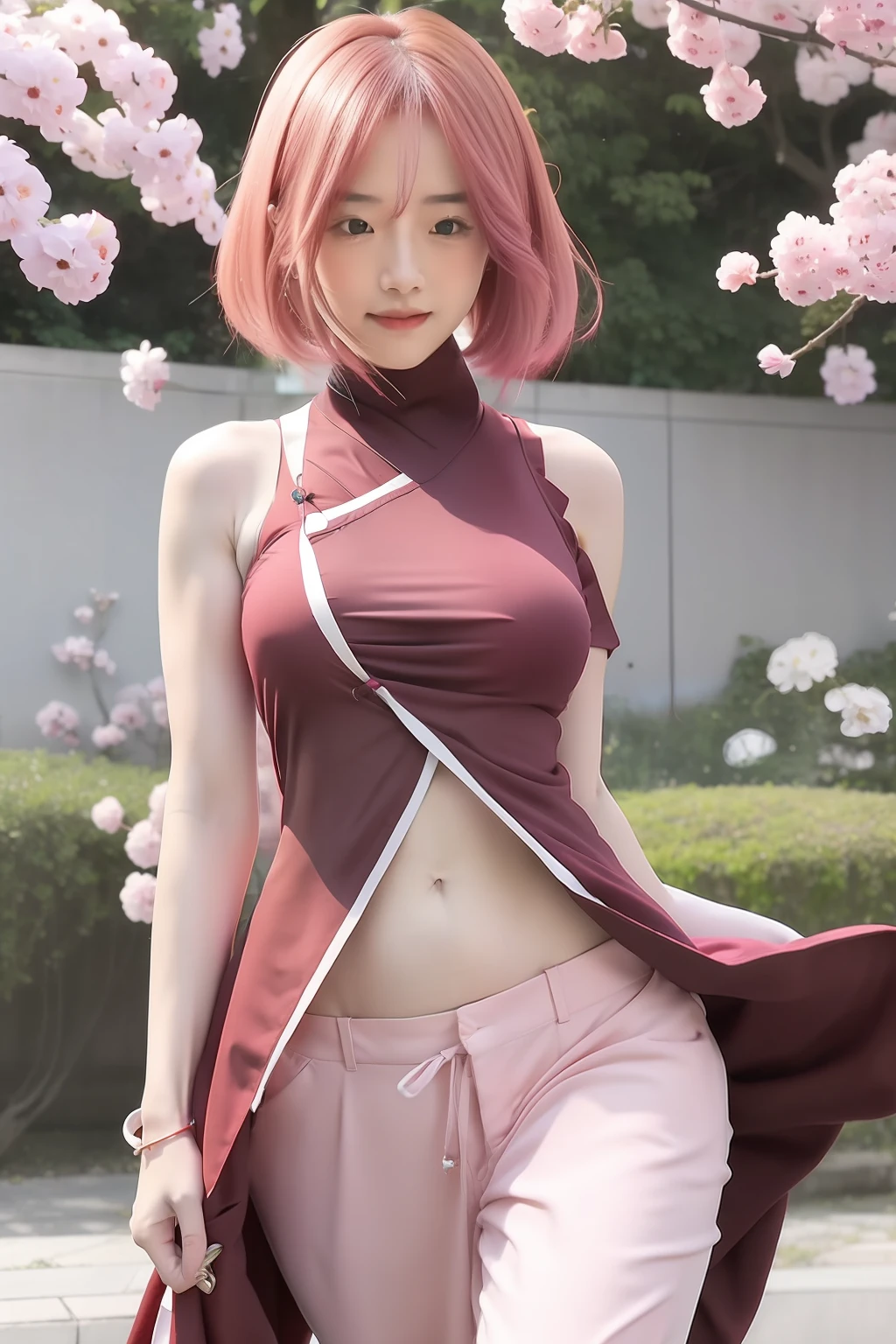 Sakura uchiha. A woman was standing in the park. Her shoulder-length pink hair unraveled not laced. He wore a red kimono and white pants. Kimono. An open showing her navel. His shirt and trousers look tight and thus make him faint. Including breasts become look so big and round. Her skin was so white she also wore jade rings on her hands. She's so pretty and realistic