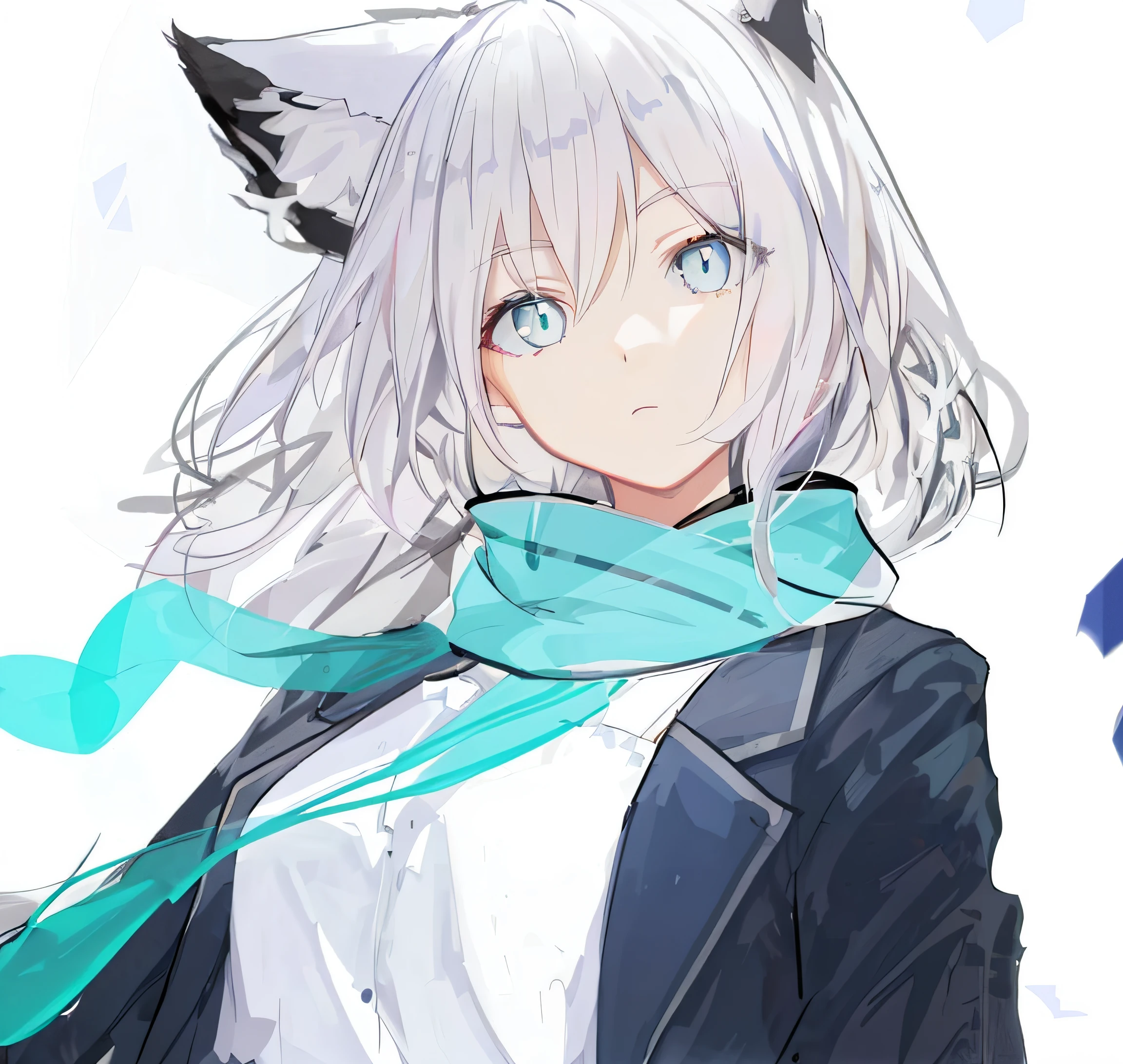 Anime girl with white hair and black ears and blue scarf, White-haired fox, beautiful anime catgirl, anime catgirl, White Cat Girl, cute anime catgirl, From the night of the ark, anime girl with cat ears, white fox anime, white haired Cangcang, anime cat, arknight, Very beautiful anime cat girl, Kantai collection style, White-haired