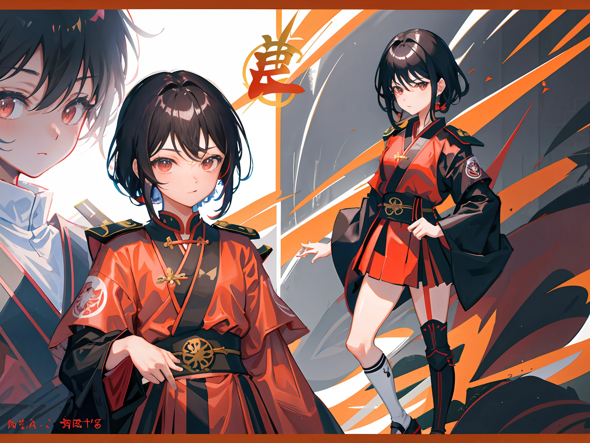 highr， Black Japanese samurai outfit，Short black hair，Red eyes，standing on your feet，katana swords，Machinary，Red Energy Core，high qulity，Chinese girl design，Genshin detailed art，Anime character design，anime concept art，pretty anime character design，anime character reference sheet，[character  design]，