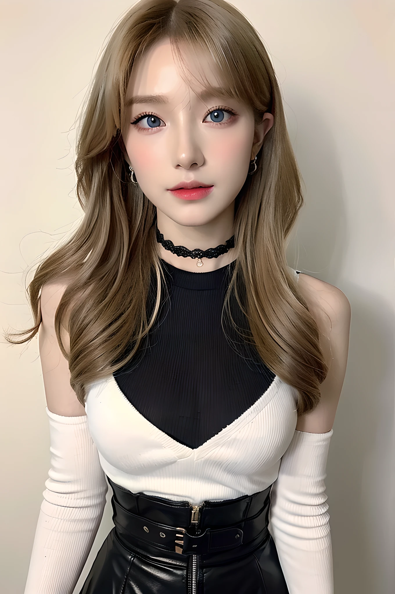 ((pureerosface_v1:0.2)), (masterpiece), (detailed), (intricate details), (realistic, photo-realistic:1.37), illustration, an extremely delicate and beautiful, 8k wallpaper, absurdres, incredibly absurdres, ultra-detailed, highres, extremely detailed, beautiful detailed girl, extremely detailed eyes and face, beautiful detailed eyes, 1girl, black_gloves, black_skirt, brown_hair, choker, crop_top, earrings, fingerless_gloves, garter_straps, gloves, jewelry, long_hair, looking_at_viewer, pencil_skirt, realistic, skirt, solo, suspender_skirt, suspenders, thighhighs, a stunning landscape, surreal, realistic, ung girl, beautiful, sexy, body stunning figure, perfect body beauty, full body, stylish, shirt, camera angle, shoulder length blond hair hair, slim waist, very detailed facial and skin structure, soulful eyes, pretty eyes, Blue eyes, Double eyelids, Fair skin, harmonious facial details, fair skin, charming smile, light background