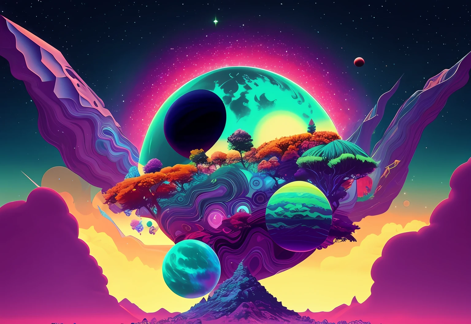 A colorful psychedelic landscape with a tree and planets, Jen Bartel, Arte digital altamente detalhada em 4k, cores surreais, cores do bipe, Arte digital detalhada em 4k, style hybrid mix of beeple, Arte Trippy, universo colorido neon escuro, lush alien landscape, cores vibrantes, arte do bipe, Obra-prima Beeple