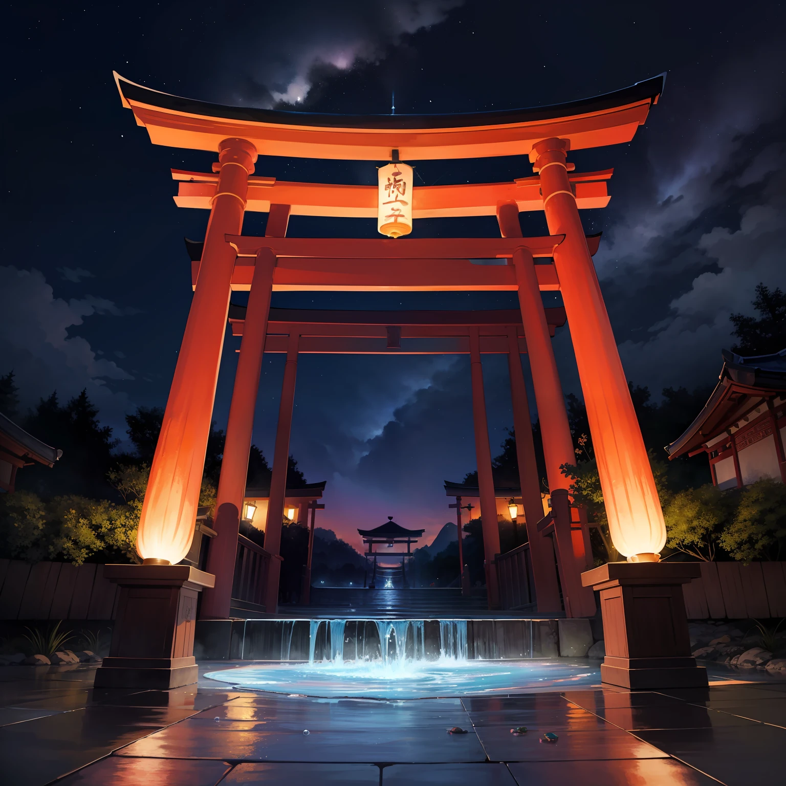 watercolor paiting(Beautifully Aesthetic:1.2)、Eau、liquids、natta、colourfull、natta、beautiful night、starrysky、Fantastic night、Large torii gate、There is hope beyond the torii gate、Full of light