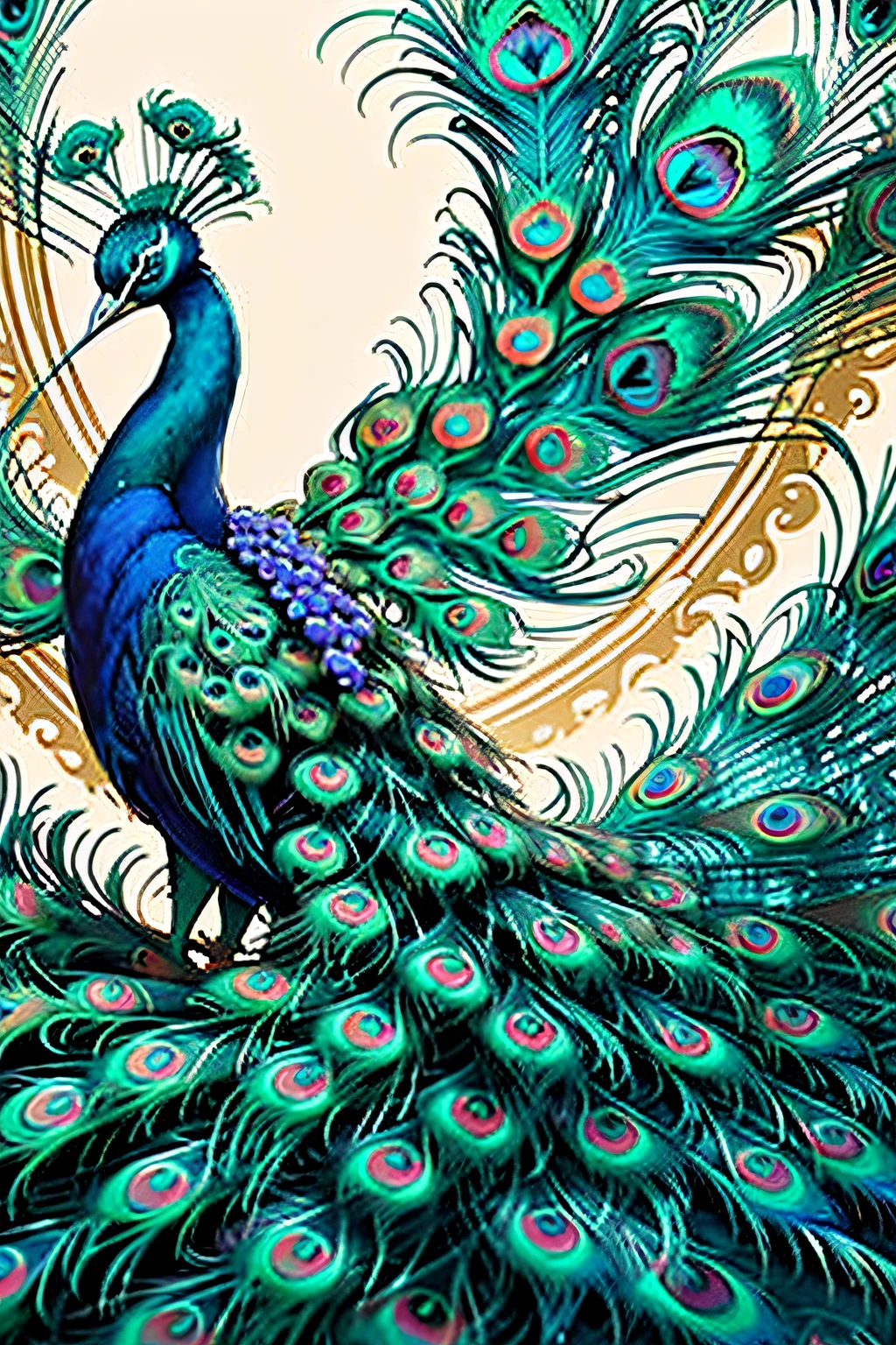 extremamente detalhado, (peacock feathers:1.2), a crowd of peacock feathers in a dense pattern, golden and blue peacock feathers, mais brilhante.,com a natureza